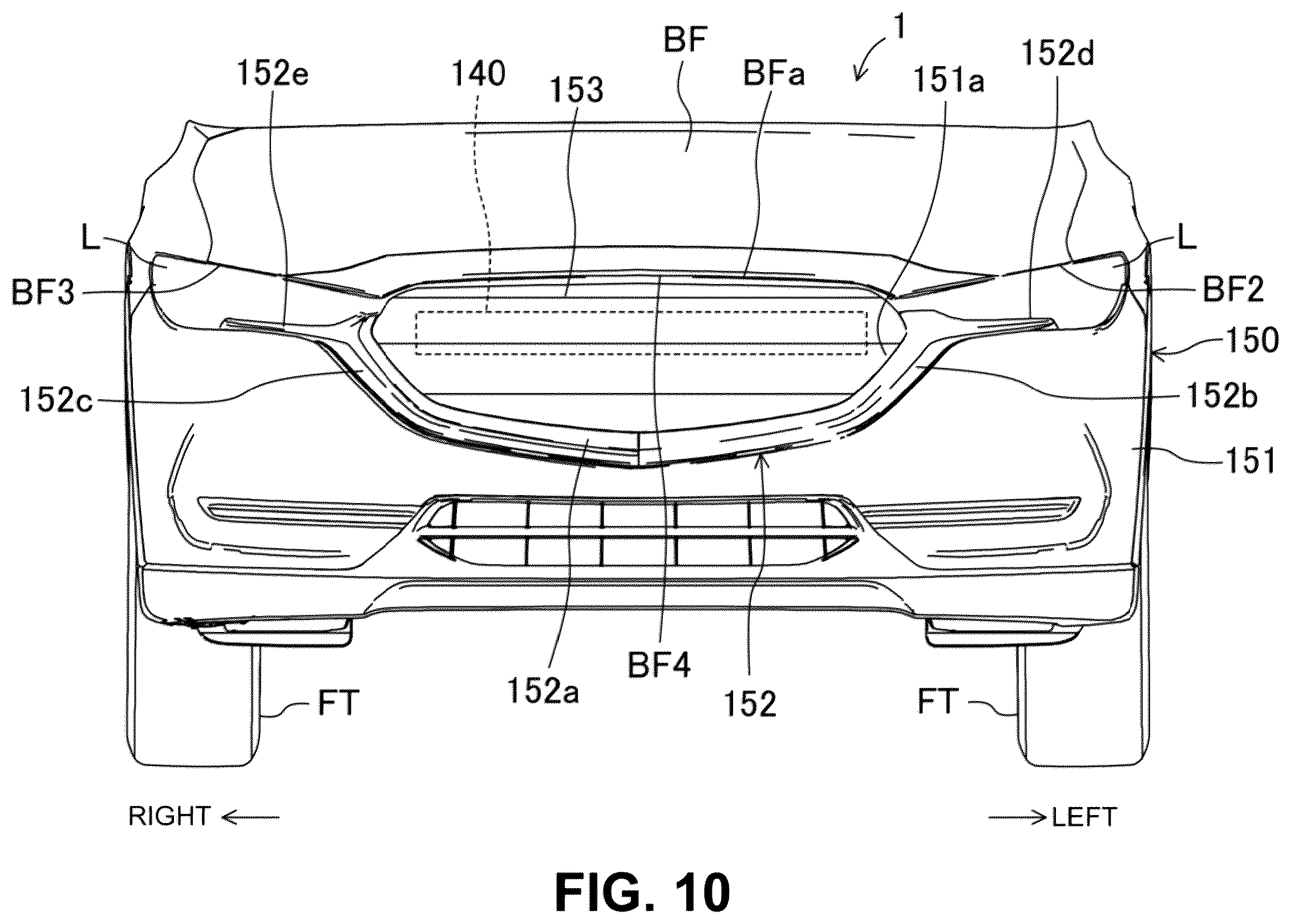 Patent US12157425 Figure 10 – Vehicle-body front structure having a front portion to protect pedestrians in a collision
