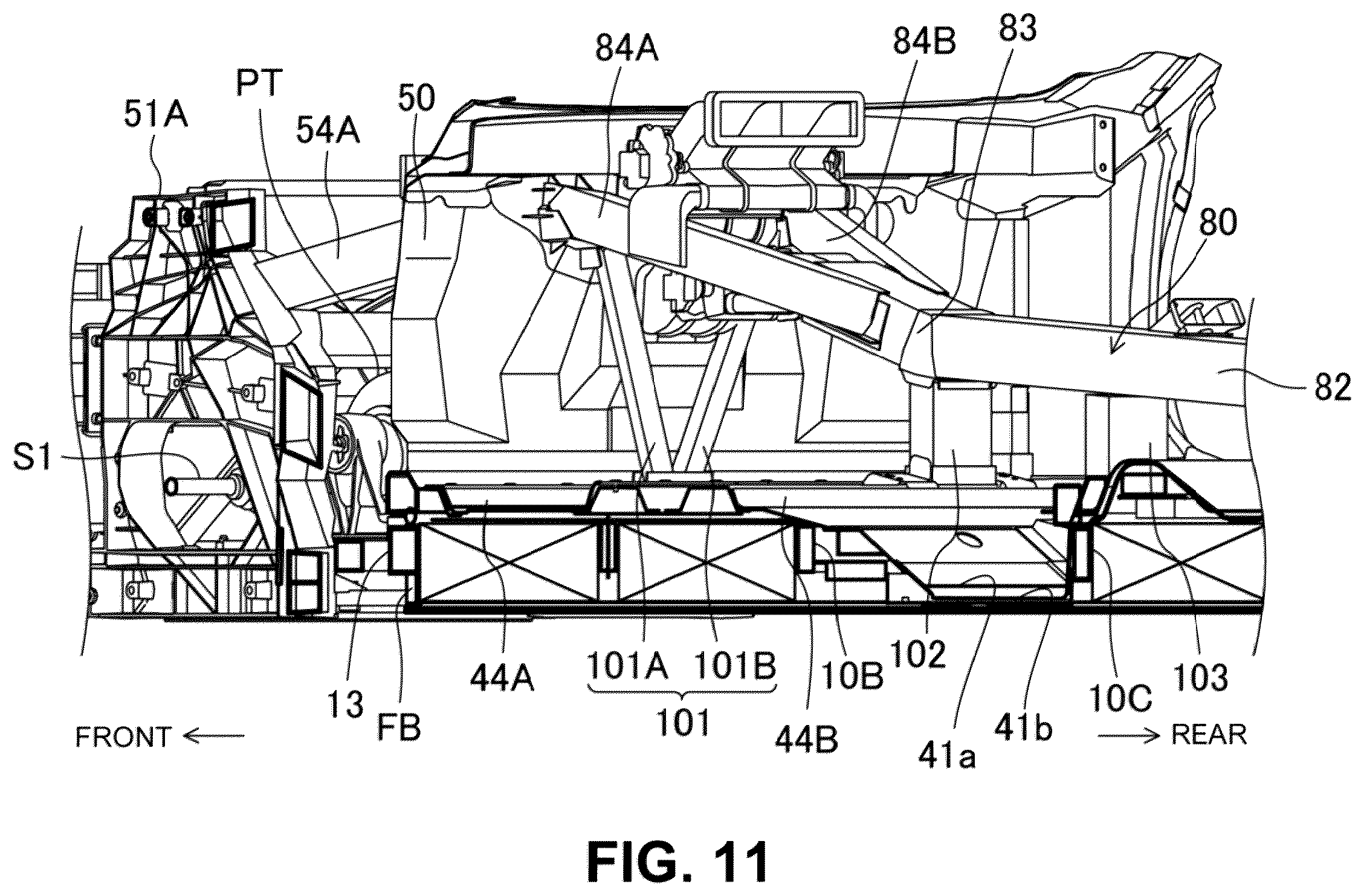 Patent US12157425 Figure 11 – Vehicle-body front structure having a front portion to protect pedestrians in a collision