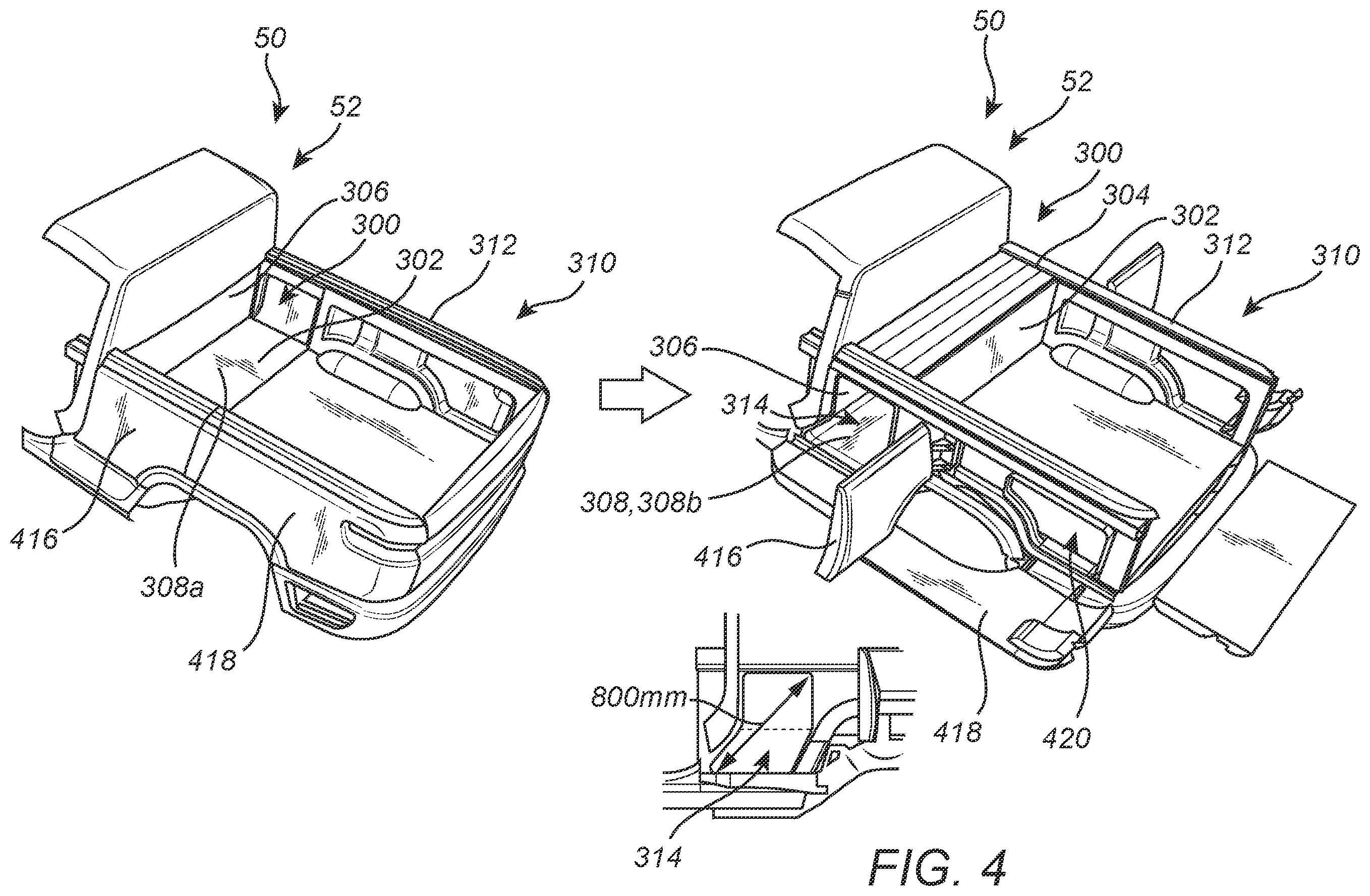 Patent US12157435 Figure 4 – Storage tunnel assembly for the bed of a pickup truck or other vehicle