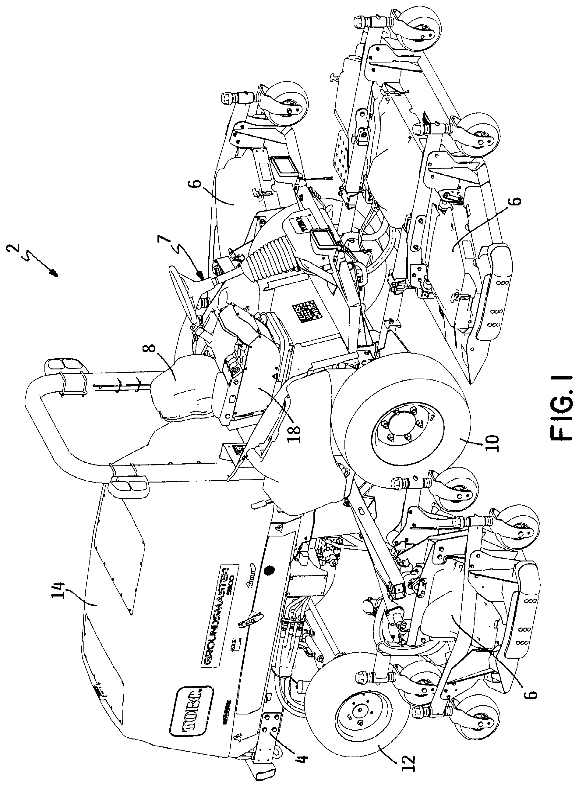 Patent US12157443 — Auxiliary brake system for outdoor grounds maintenance vehicles having hydrostatic traction drive systems — Figure 1