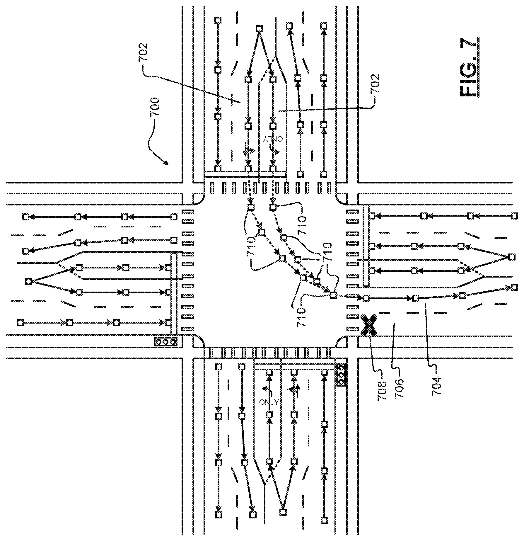 Patent US12157484 Figure 7 – V2-based roll-over alert in an intersection