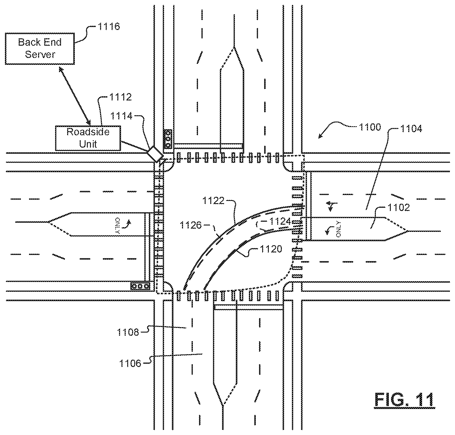 Patent US12157484 Figure 11 – V2-based roll-over alert in an intersection
