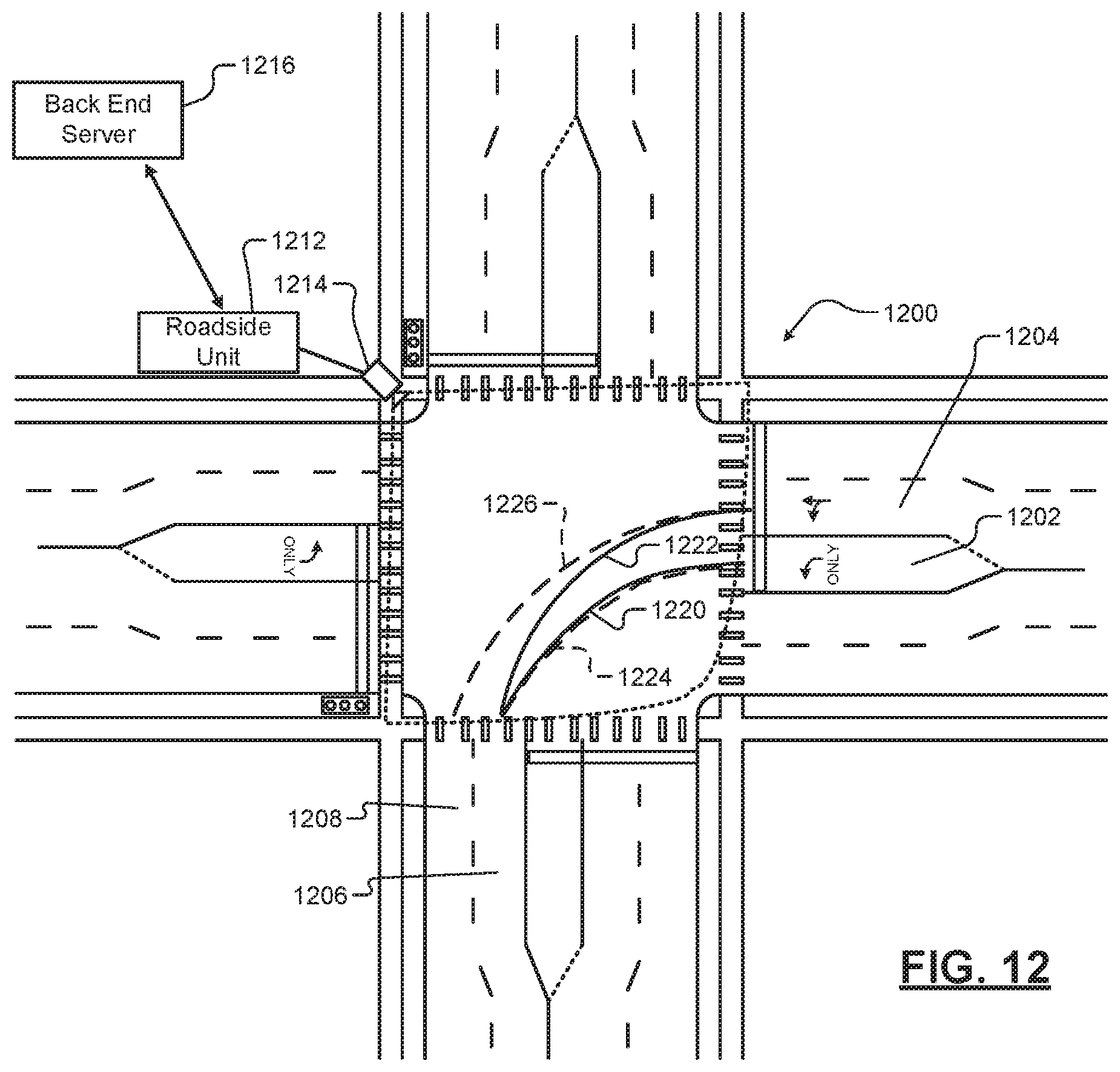 Patent US12157484 Figure 12 – V2-based roll-over alert in an intersection