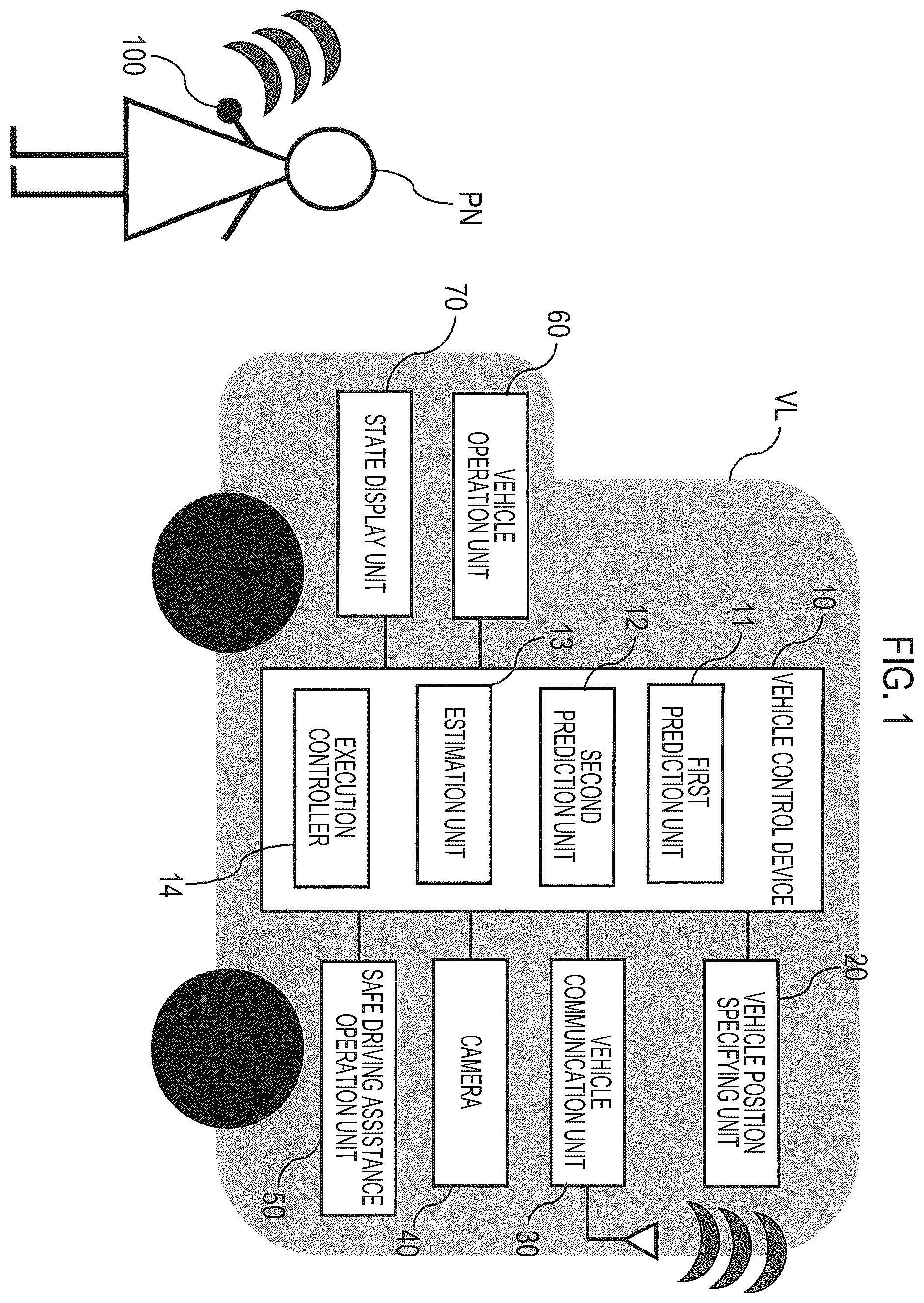 Patent US12157500 Figure 1 – Driving assistance device utilizing pedestrian-wearable device data for calculating pedestrian position within a road crossing