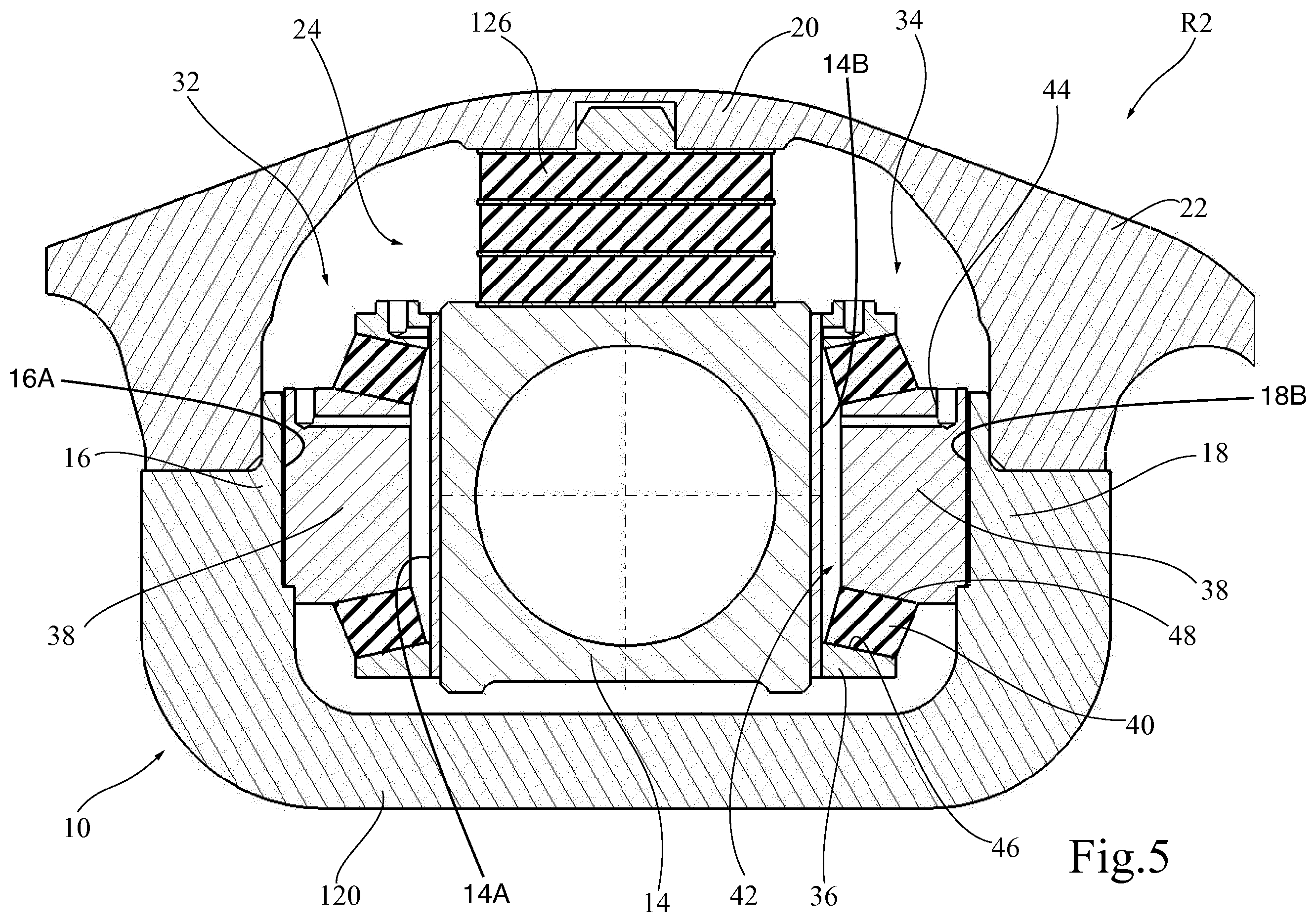 Patent US12157506 Figure 4 – Wheel axle guiding assembly with longitudinal hydro-mechanical converters and associated running gear
