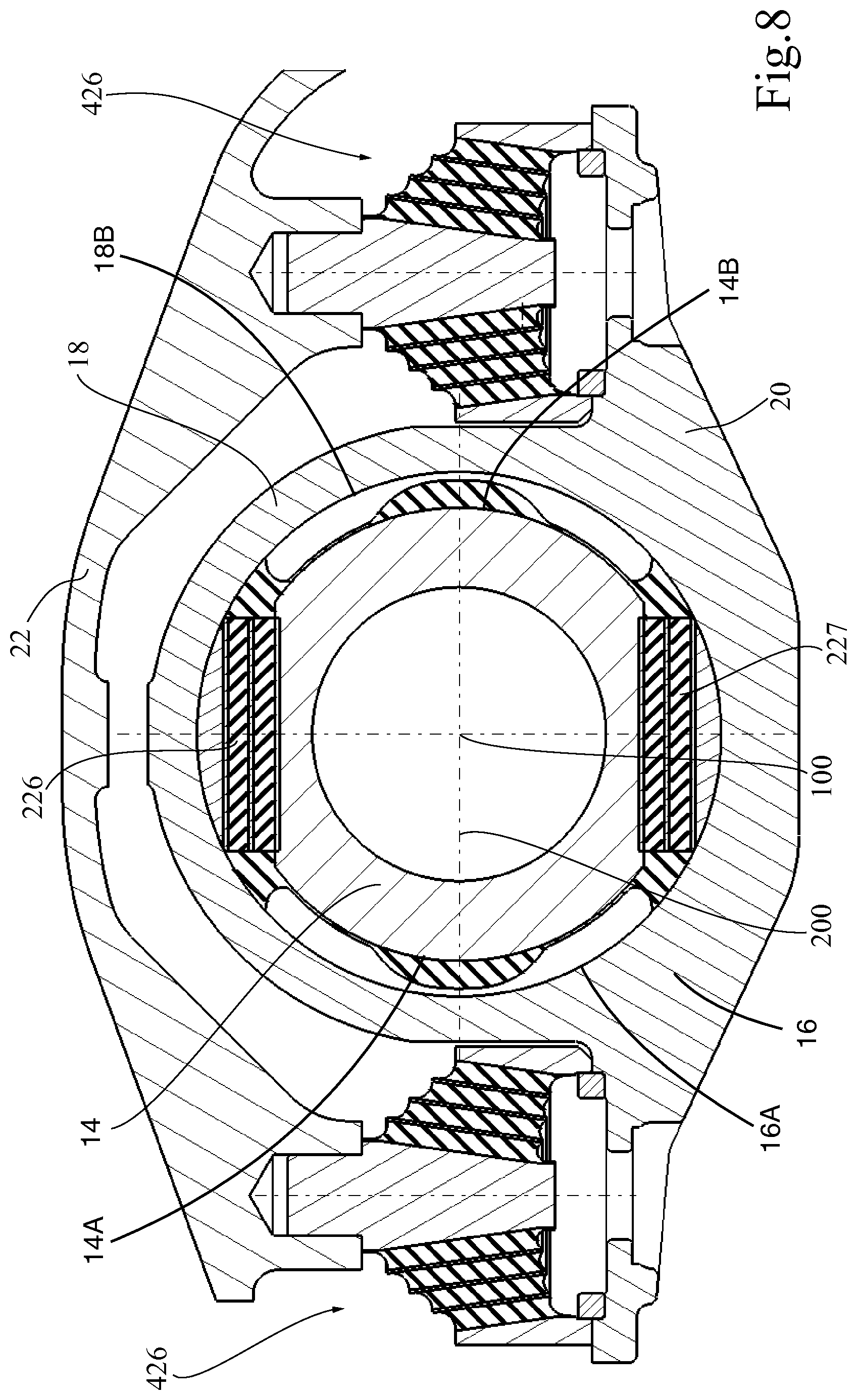 Patent US12157506 Figure 7 – Wheel axle guiding assembly with longitudinal hydro-mechanical converters and associated running gear