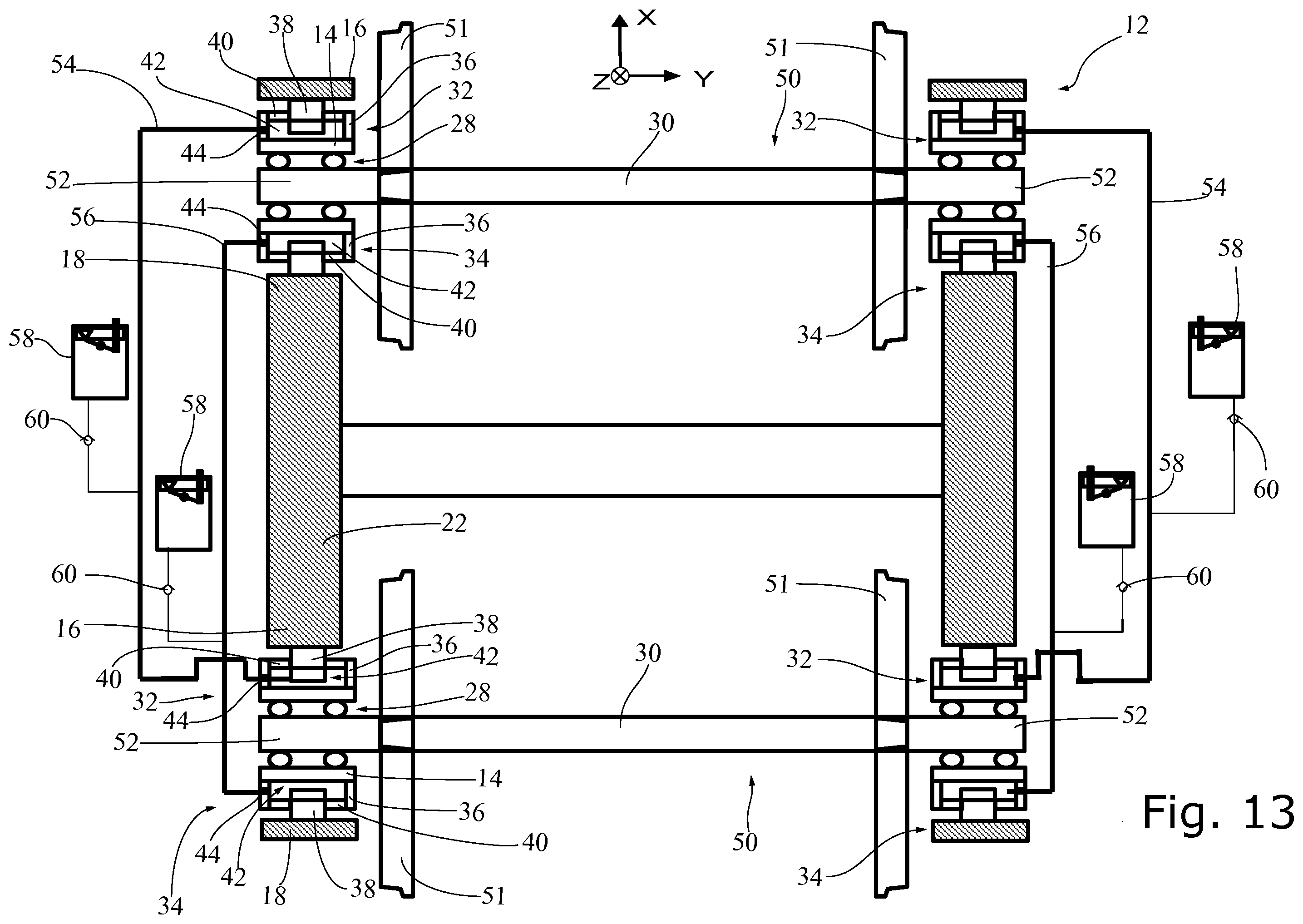 Patent US12157506 Figure 11 – Wheel axle guiding assembly with longitudinal hydro-mechanical converters and associated running gear