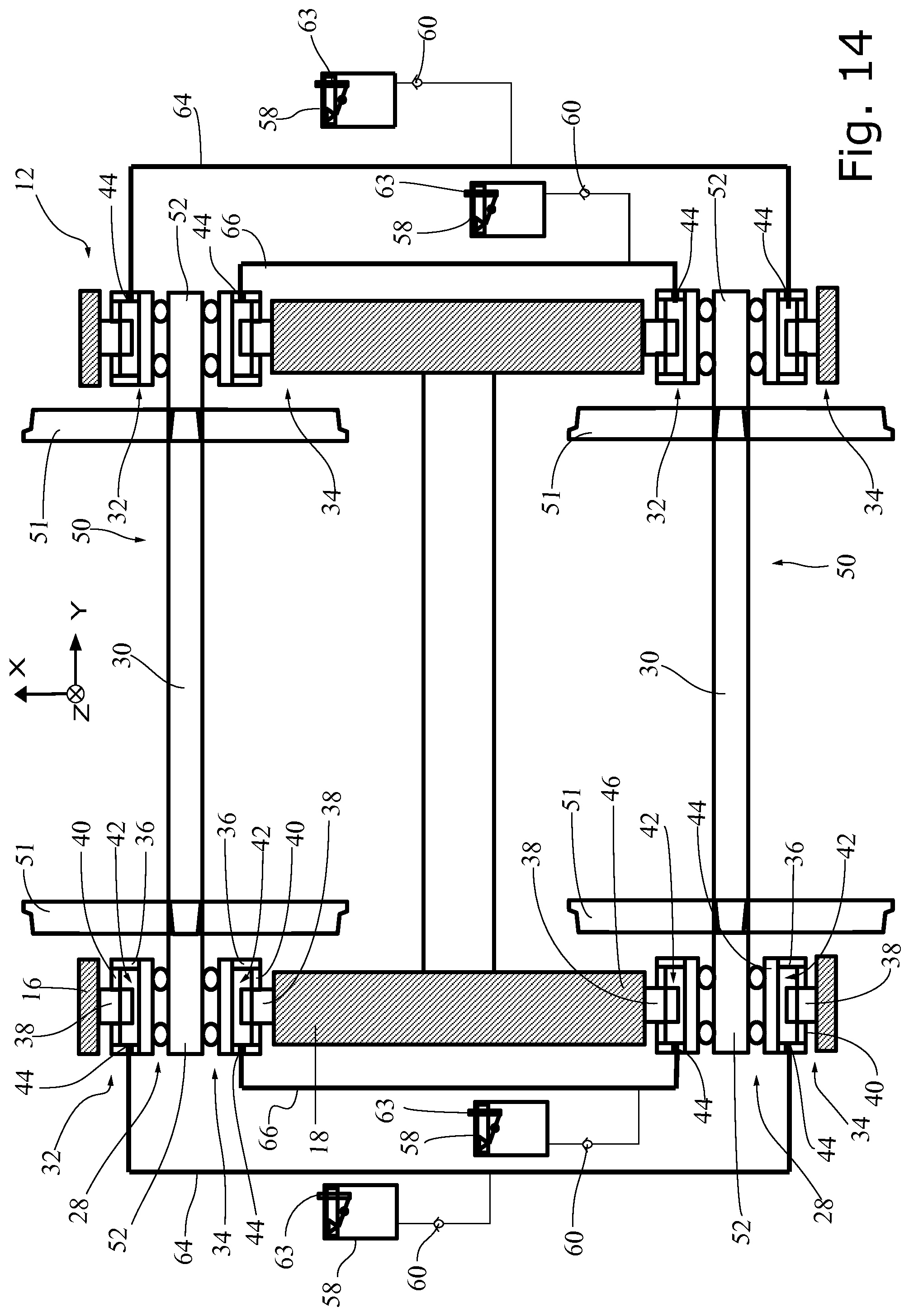 Patent US12157506 Figure 12 – Wheel axle guiding assembly with longitudinal hydro-mechanical converters and associated running gear