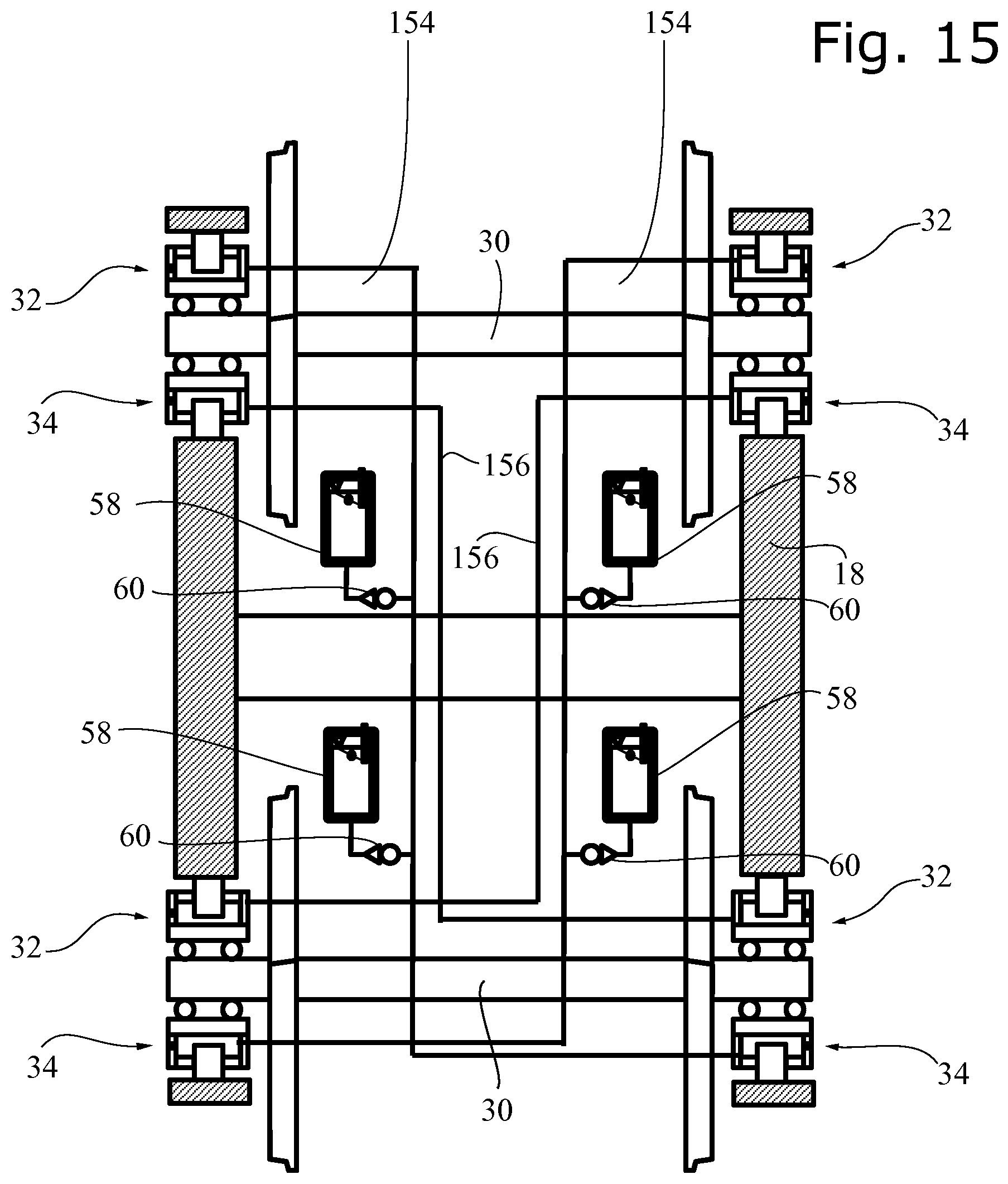 Patent US12157506 Figure 13 – Wheel axle guiding assembly with longitudinal hydro-mechanical converters and associated running gear