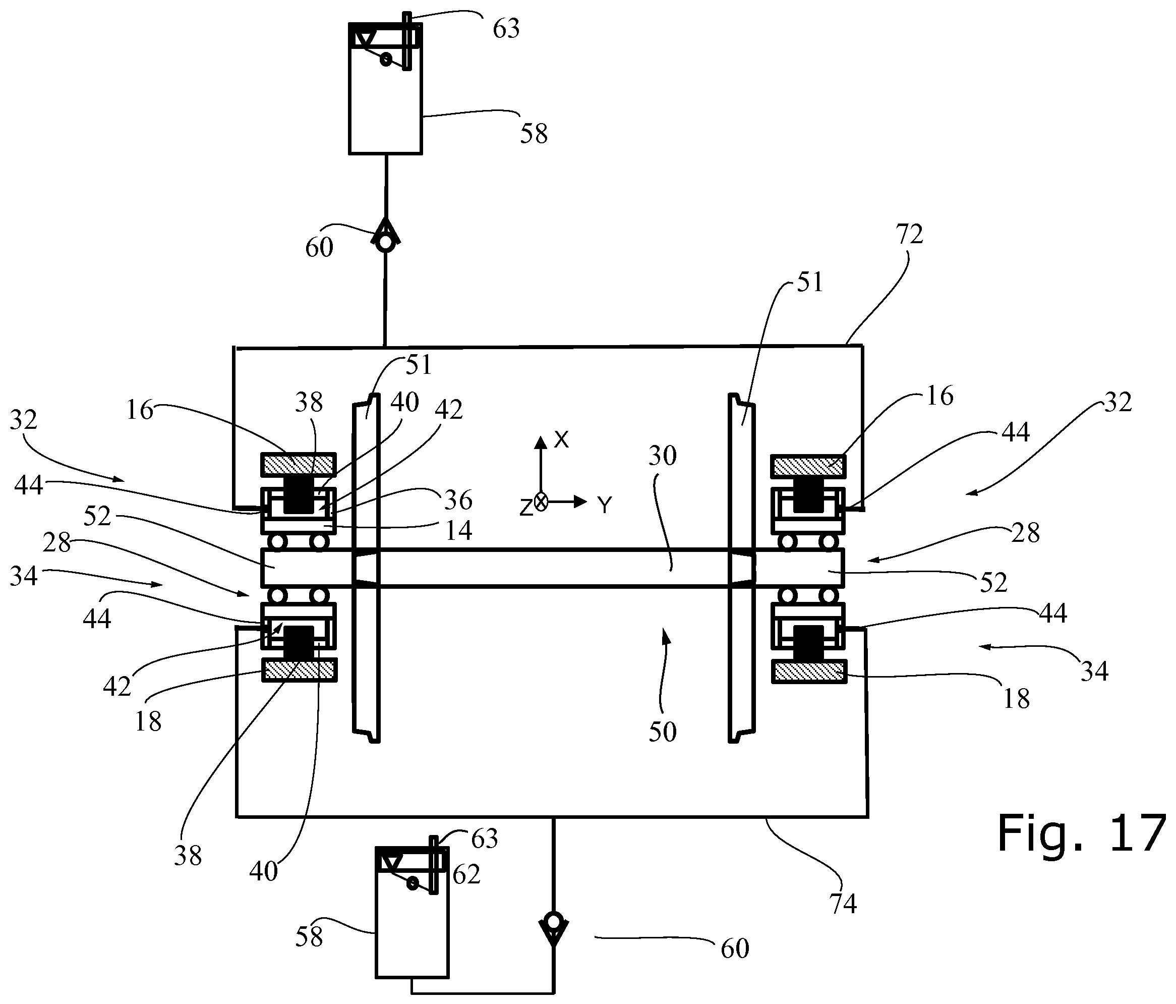 Patent US12157506 Figure 15 – Wheel axle guiding assembly with longitudinal hydro-mechanical converters and associated running gear