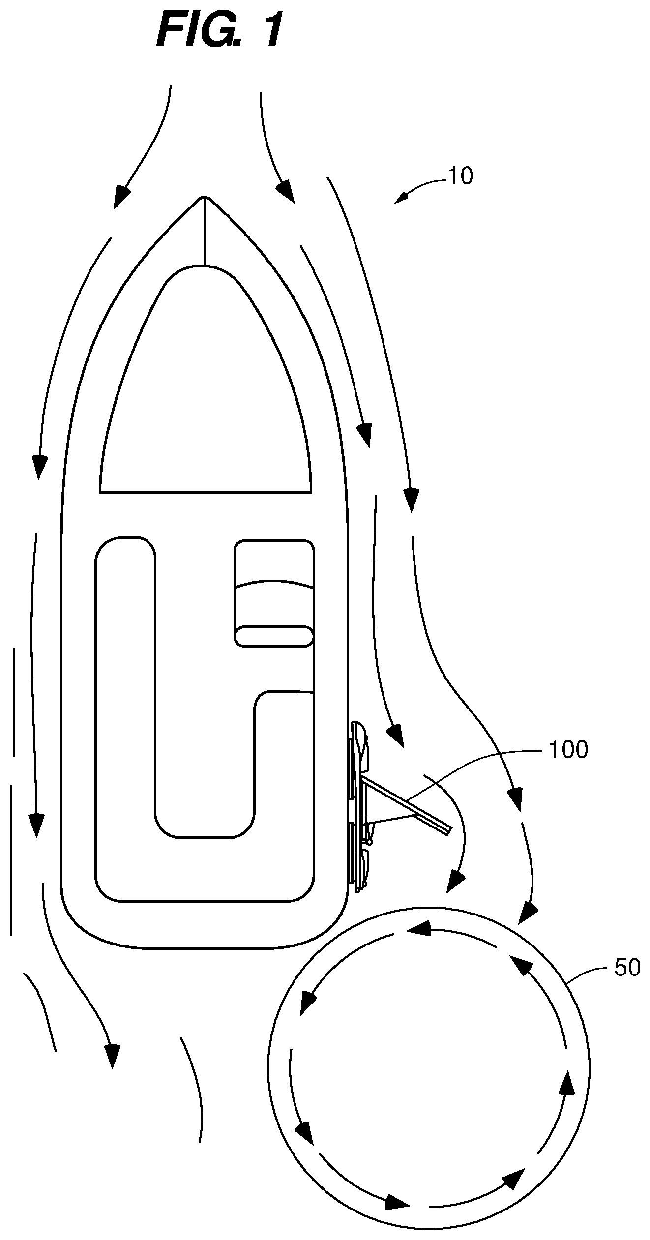 Patent US12157543 — Adjustable water flow deflection device for a watercraft and methods of use — Figure 1