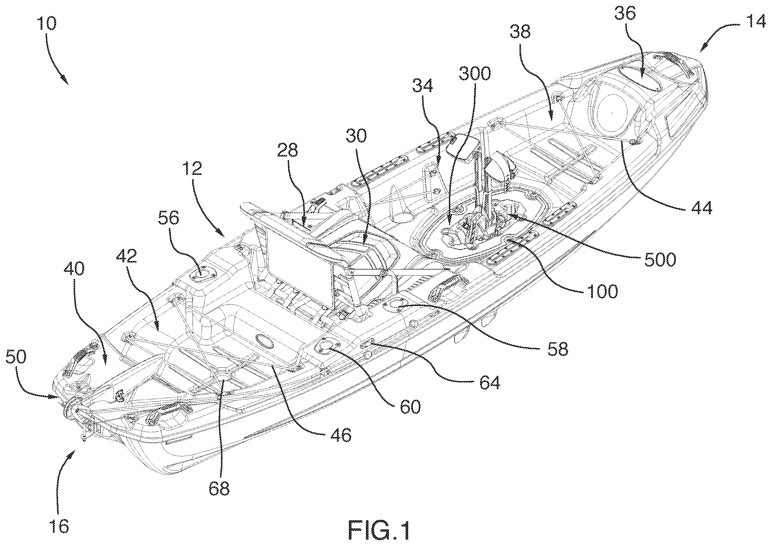 Patent US12157549 Figure 1 – Watercraft having an interface for mounting a propulsion mechanism