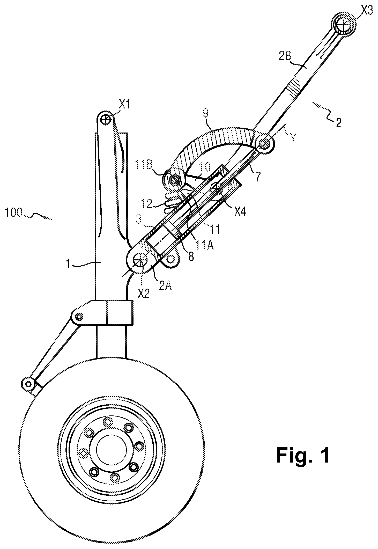 Patent US12157557 Figure 1 – Retractable aircraft landing gear provided with a strut having an integrated actuator