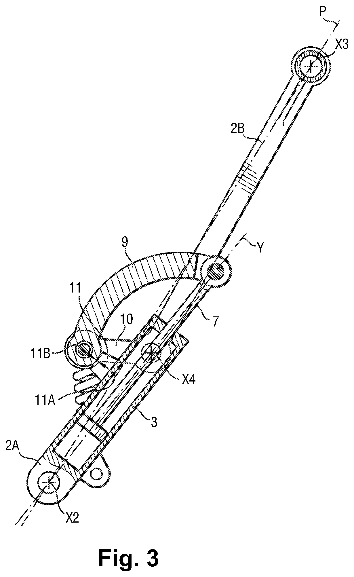Patent US12157557 Figure 3 – Retractable aircraft landing gear provided with a strut having an integrated actuator