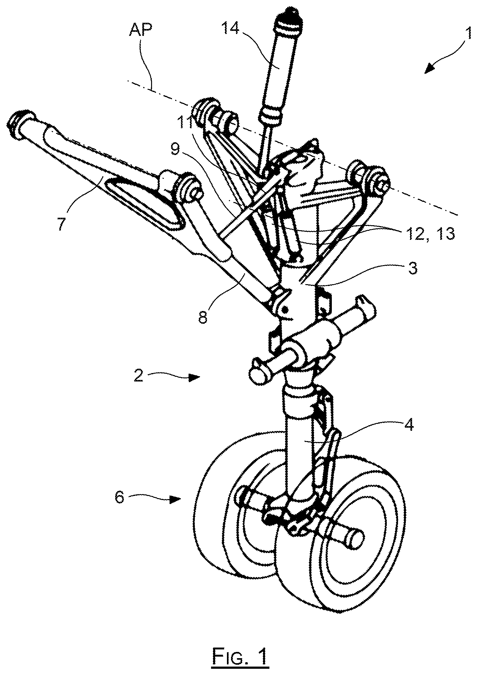 Patent US12157559 Figure 1 – Arrangement for locking an aircraft landing gear