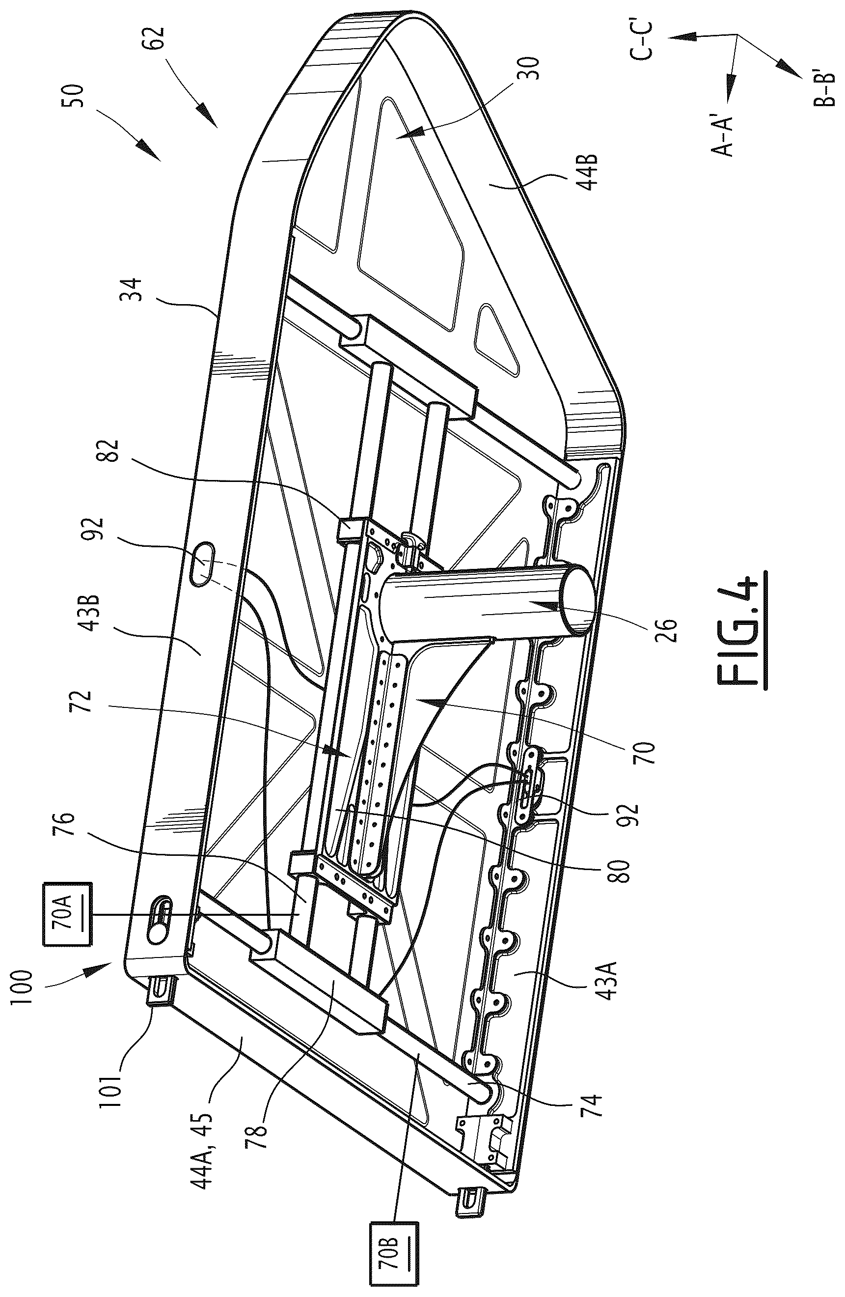 Patent US12157574 Figure 4 – Interior layout of an aircraft cabin and associated method