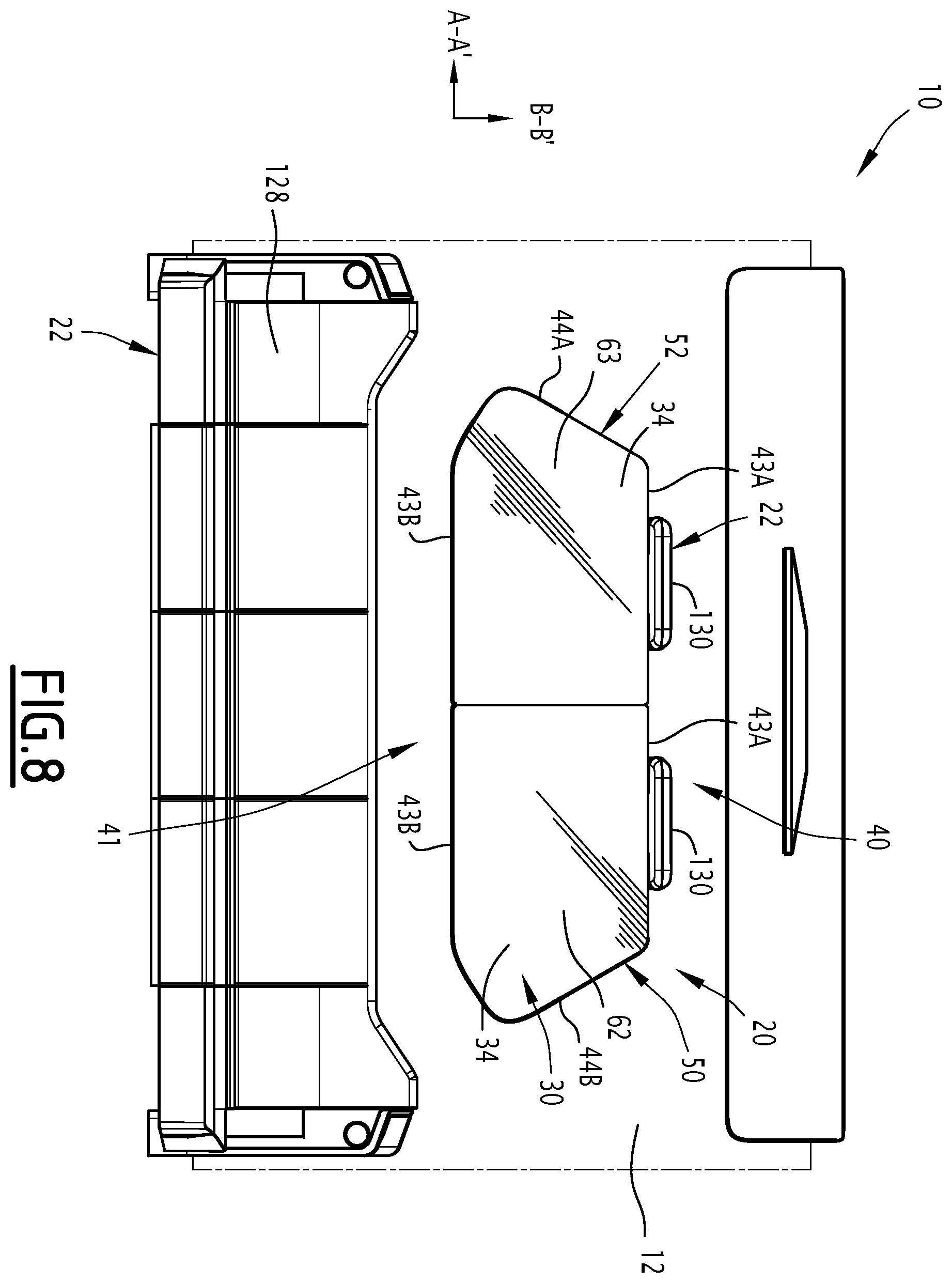Patent US12157574 Figure 8 – Interior layout of an aircraft cabin and associated method