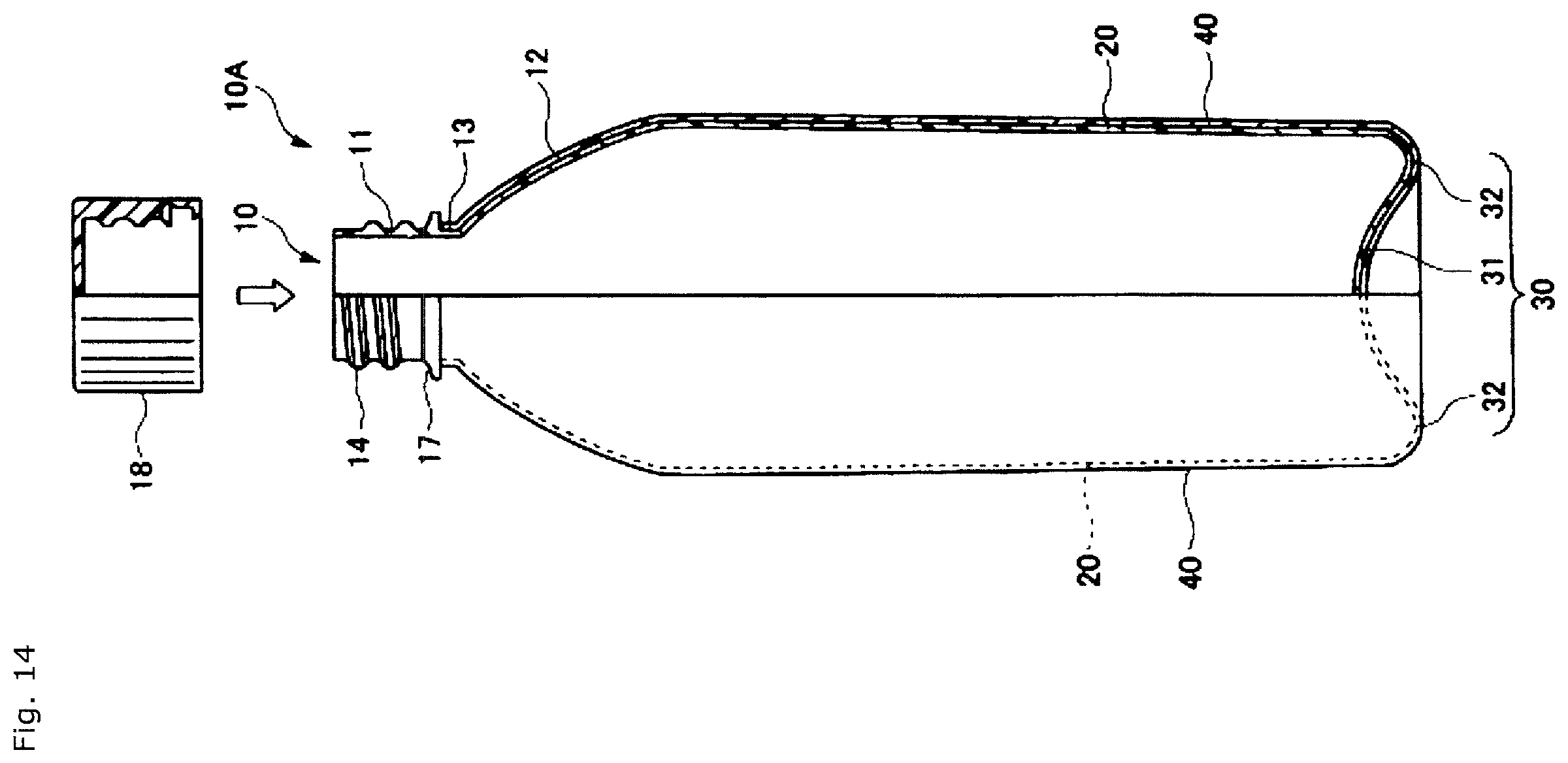 Patent US12157601 Figure 13 – Composite preform and method for producing the same, composite container and method for producing the same, and composite container product loaded with beer