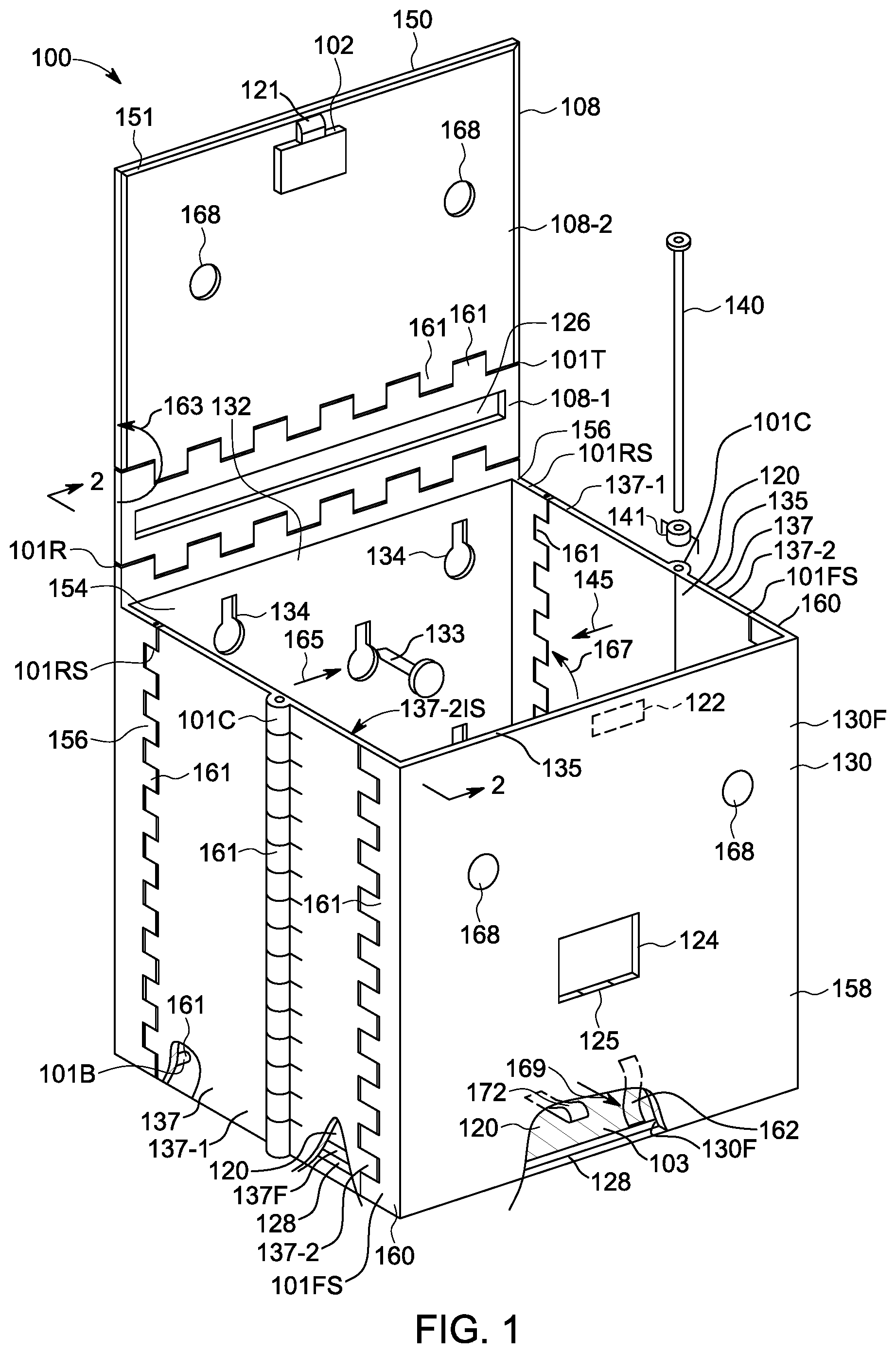 Patent US12157603 Figure 1 – Multiple configuration storage bin and methods of operation and manufacture thereof