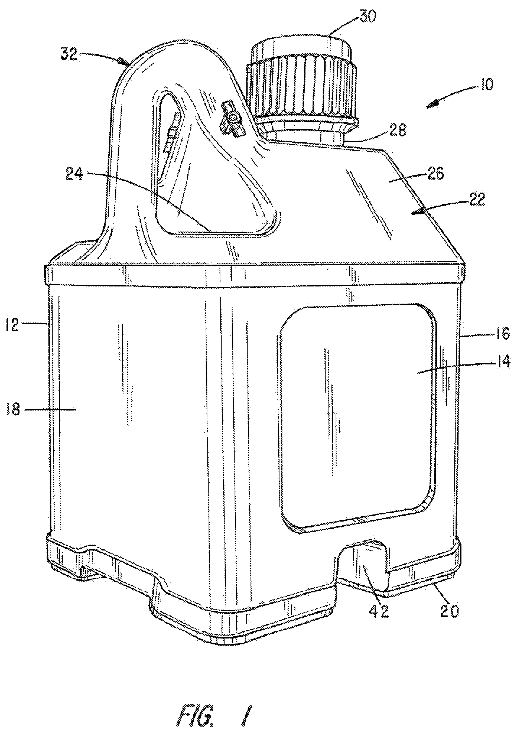 Patent US12157605 Figure 1 – Stackable fluid containers with attachable wheel assembly