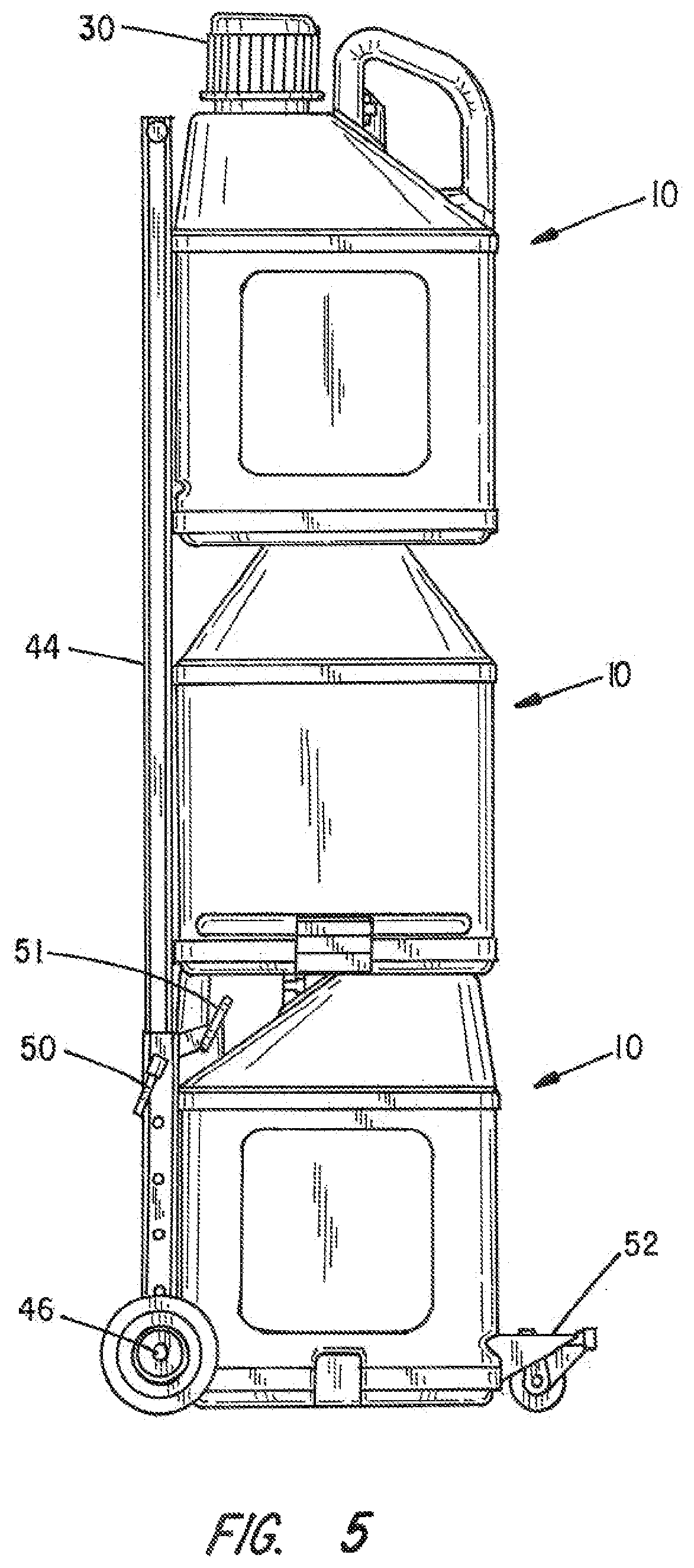 Patent US12157605 Figure 6 – Stackable fluid containers with attachable wheel assembly