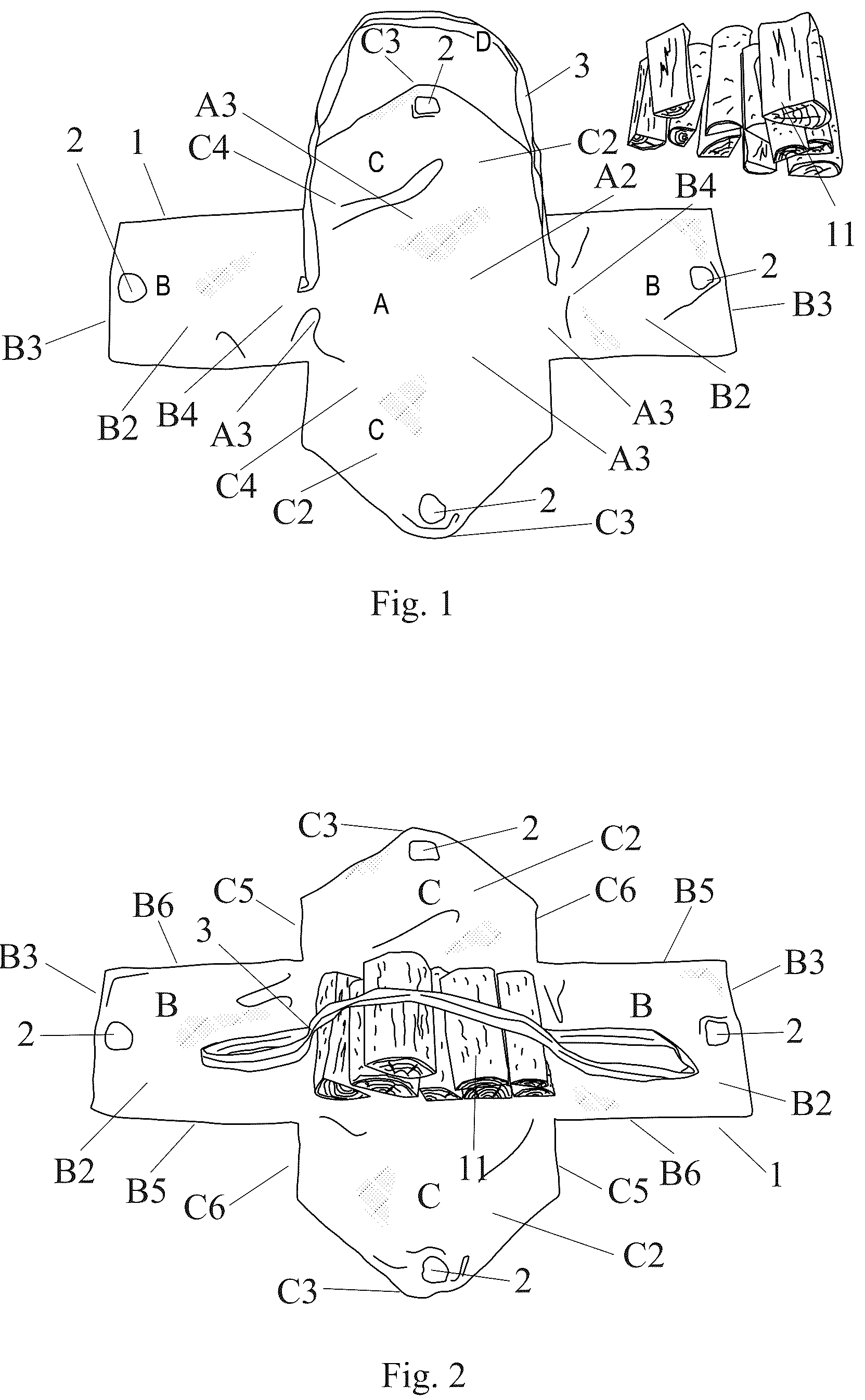 Patent US12157608 Figure 1 – Wood log packaging and carrying bag