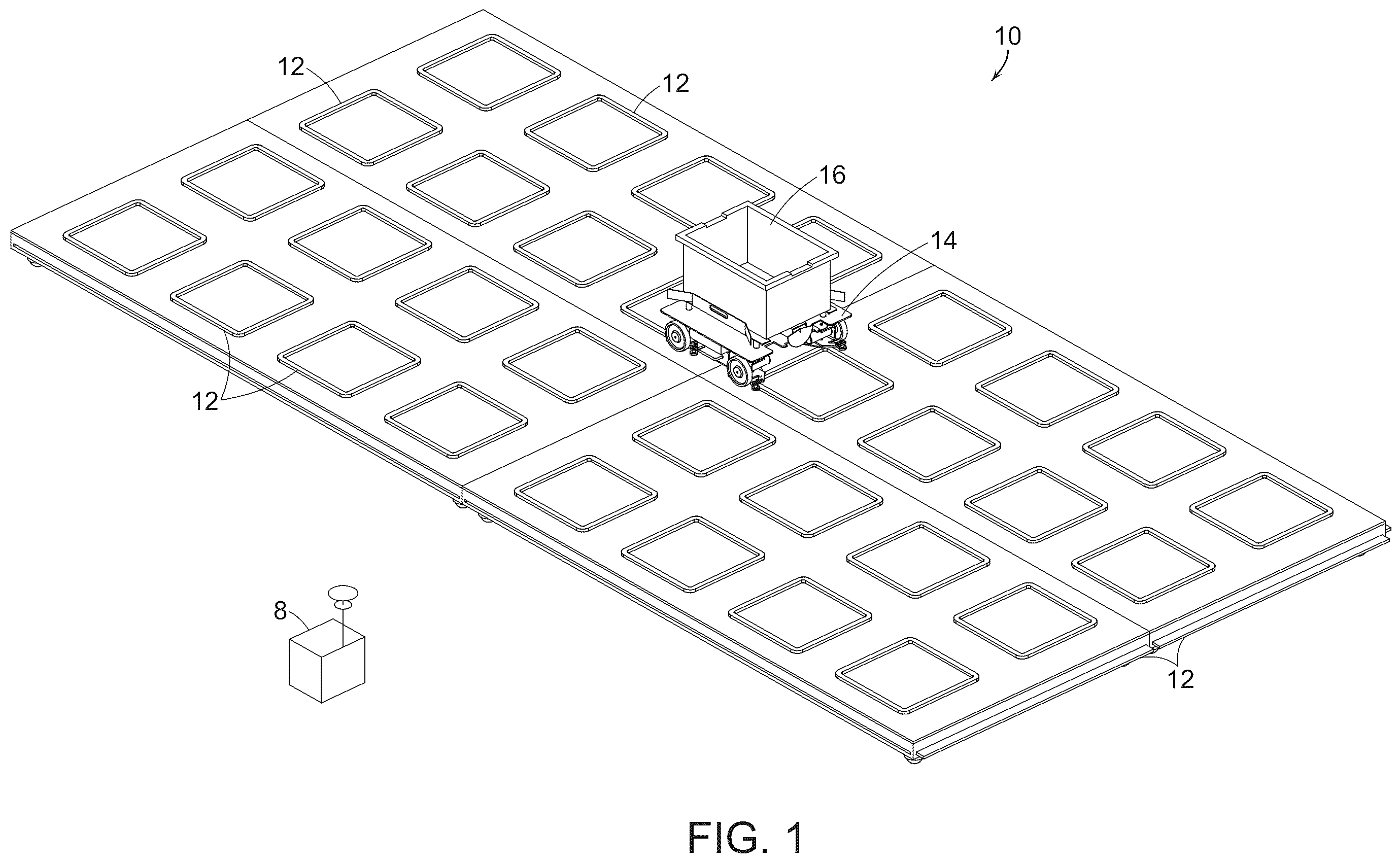 Patent US12157632 Figure 1 – Discontinuous grid system for use in systems and methods for processing objects including mobile matrix carrier systems