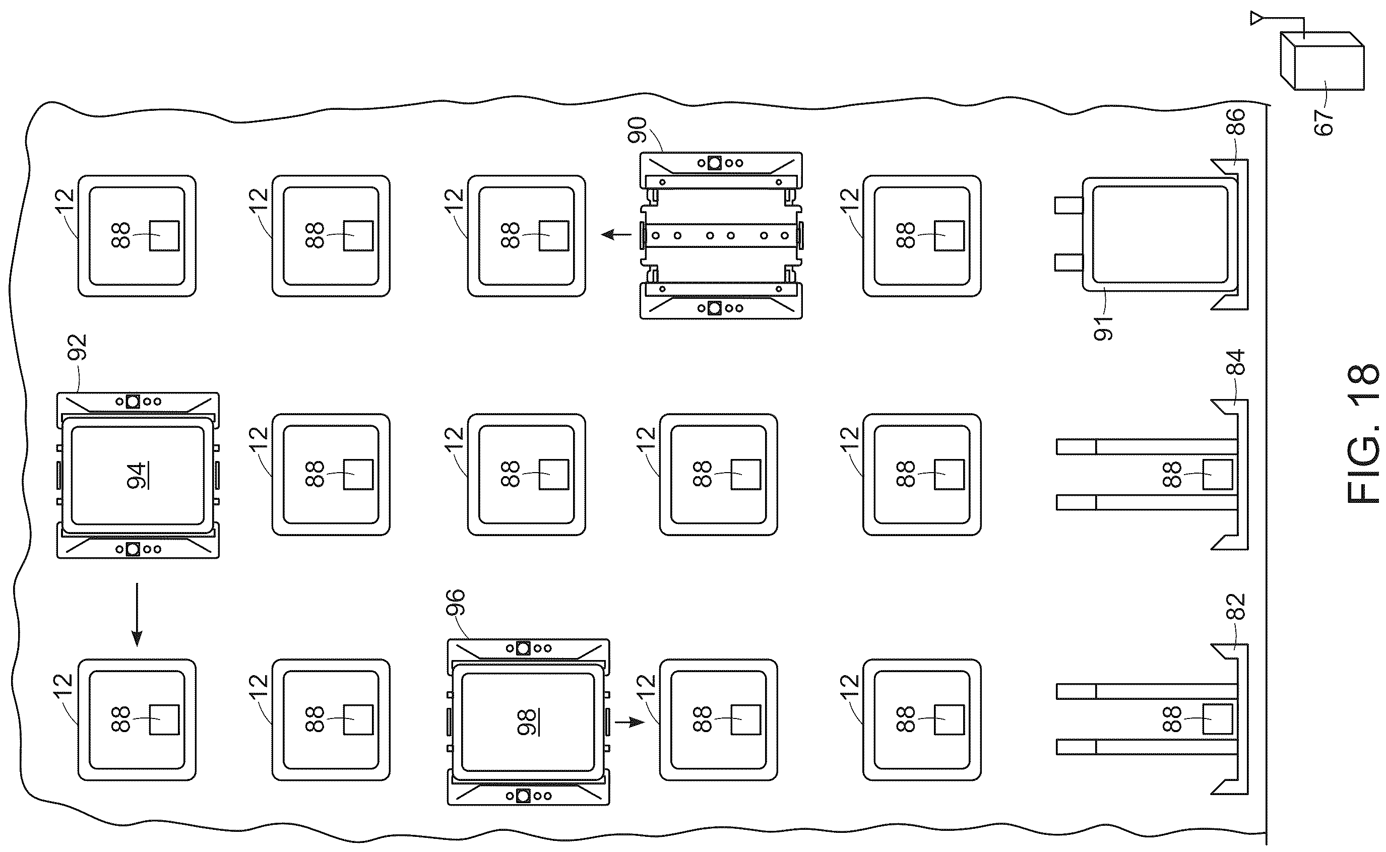 Patent US12157632 Figure 16 – Discontinuous grid system for use in systems and methods for processing objects including mobile matrix carrier systems