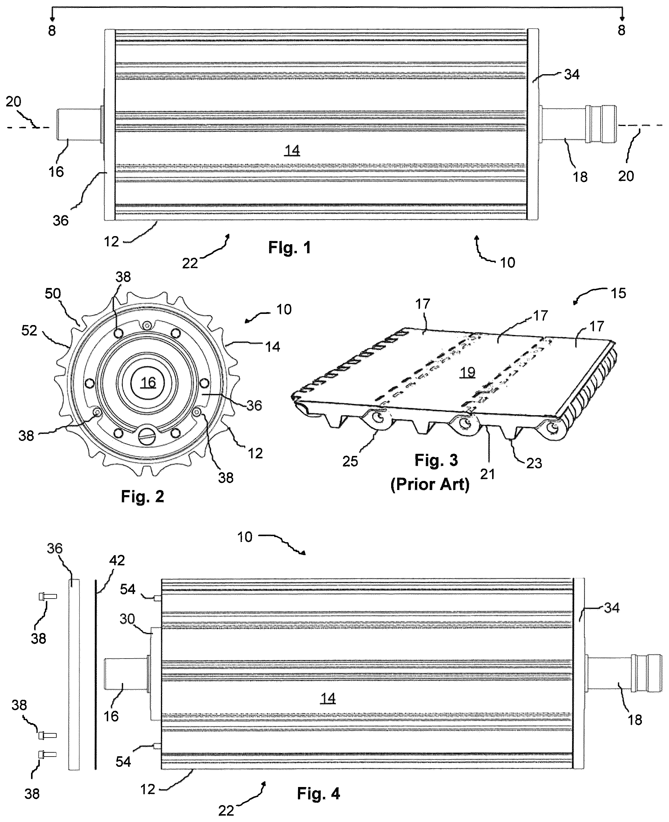 Patent US12157639 Figure 1 – Conveyor drive roller with replaceable conveyor drive surface
