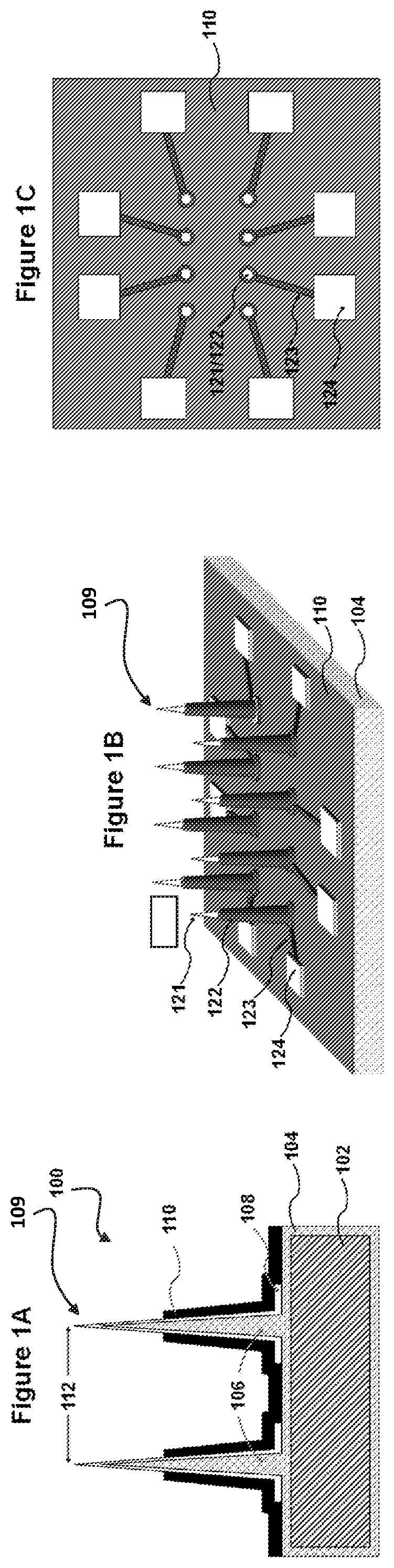 Patent US12157666 Figure 1 – Sharp, vertically aligned nanowire electrode arrays, high-yield fabrication and intracellular recording