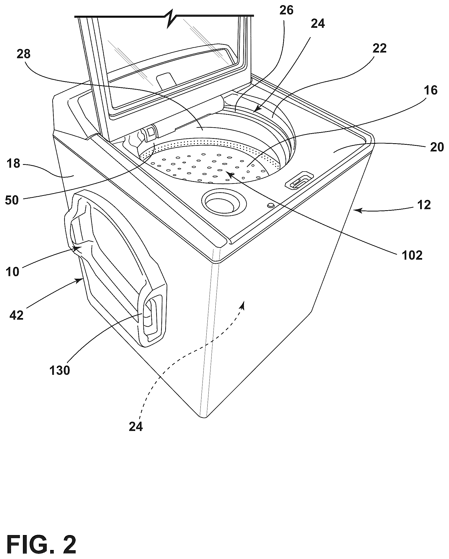 Patent US12157964 Figure 2 – Detachable pretreat sink for laundry appliance having an operable washboard
