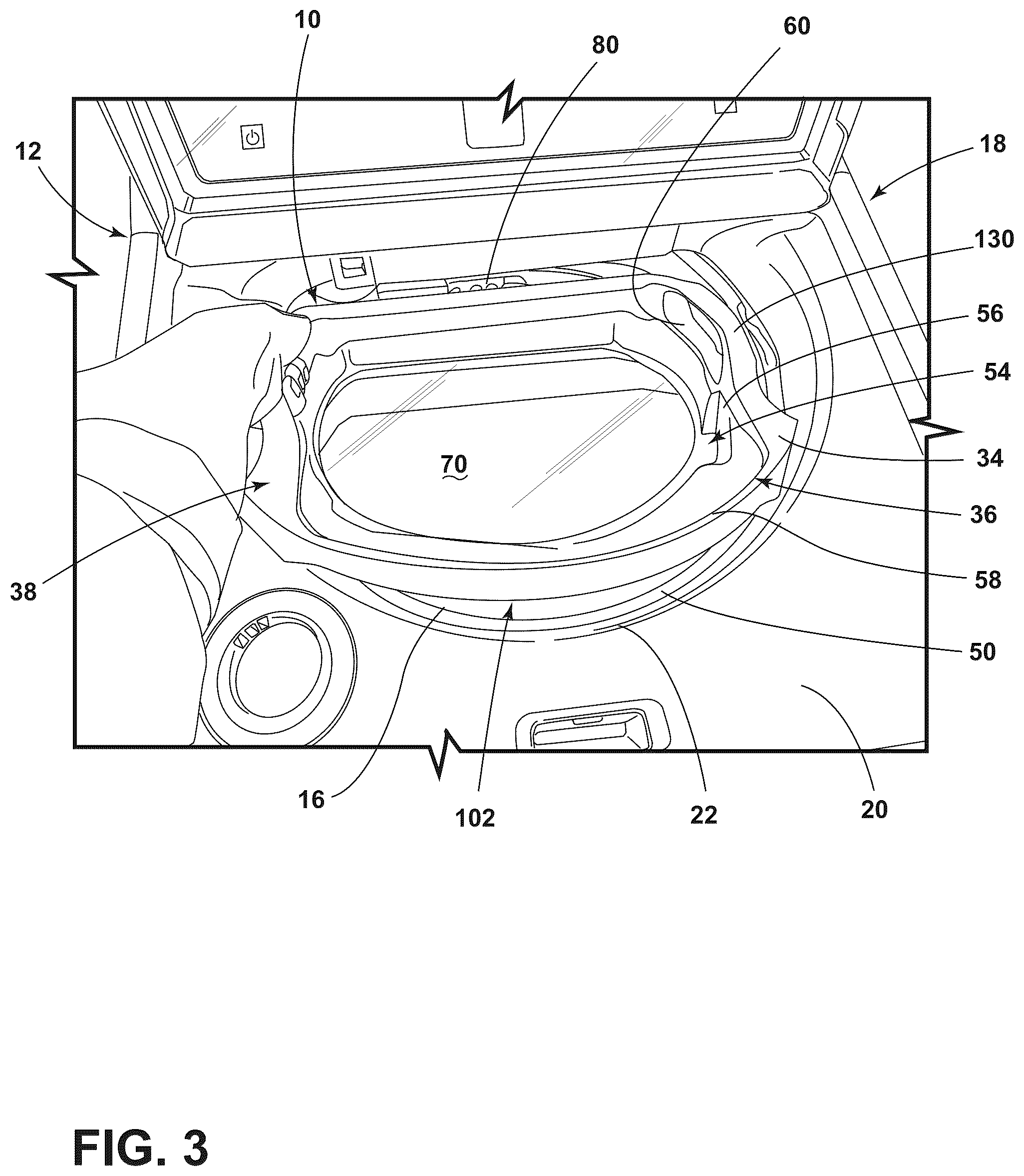 Patent US12157964 Figure 3 – Detachable pretreat sink for laundry appliance having an operable washboard