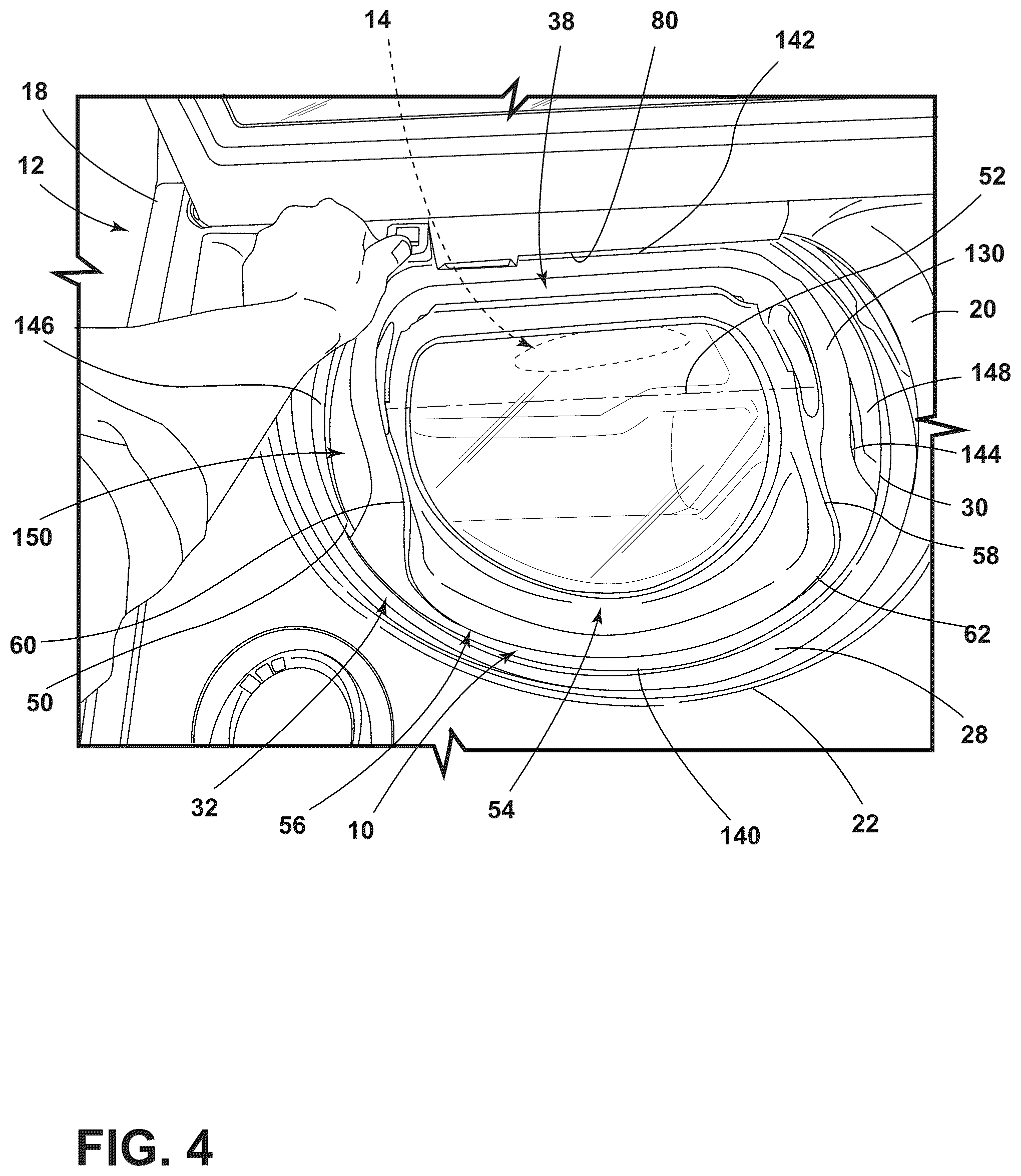 Patent US12157964 Figure 4 – Detachable pretreat sink for laundry appliance having an operable washboard