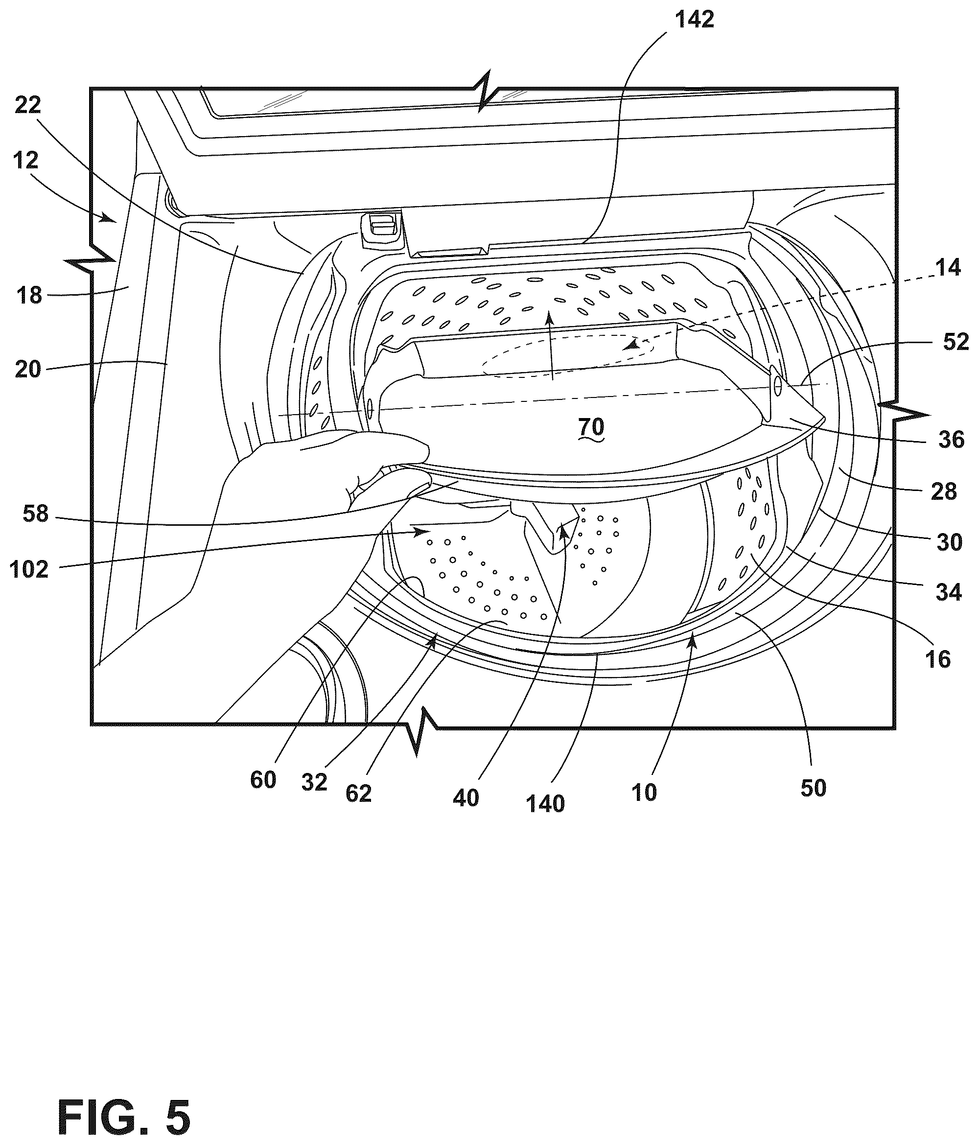 Patent US12157964 Figure 5 – Detachable pretreat sink for laundry appliance having an operable washboard