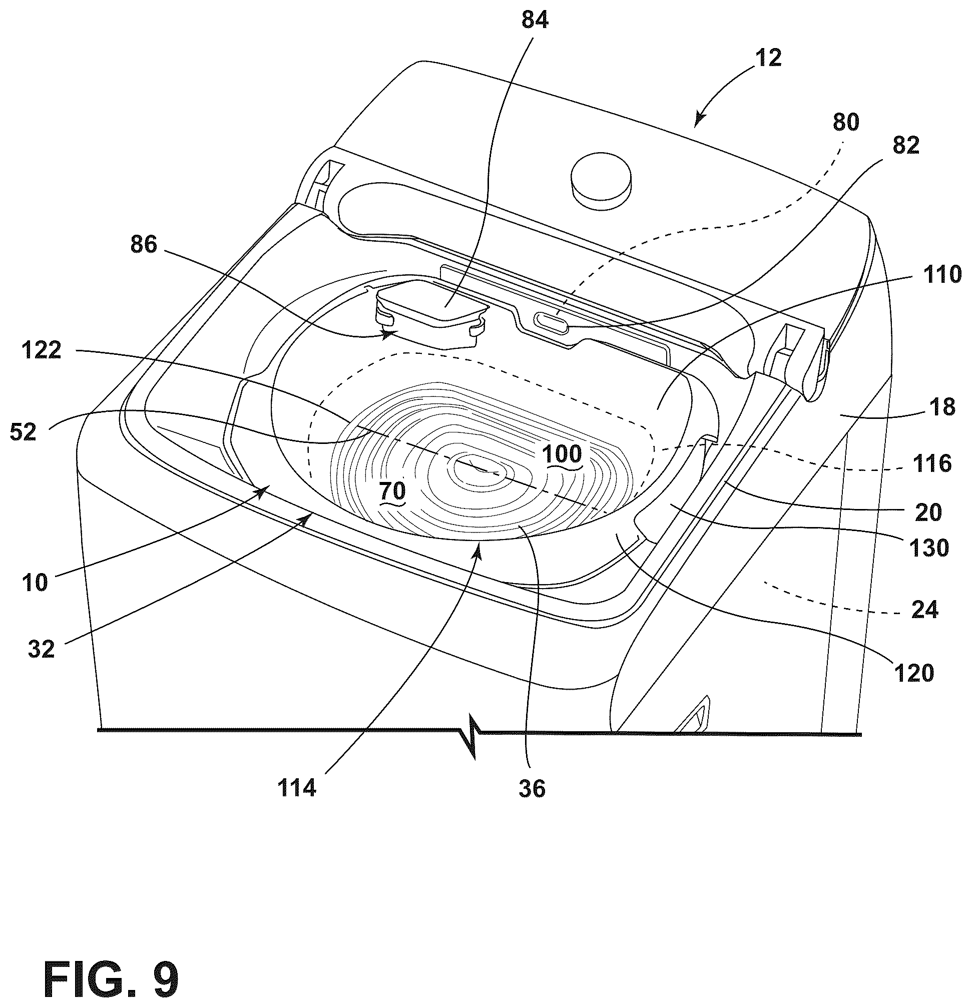 Patent US12157964 Figure 9 – Detachable pretreat sink for laundry appliance having an operable washboard