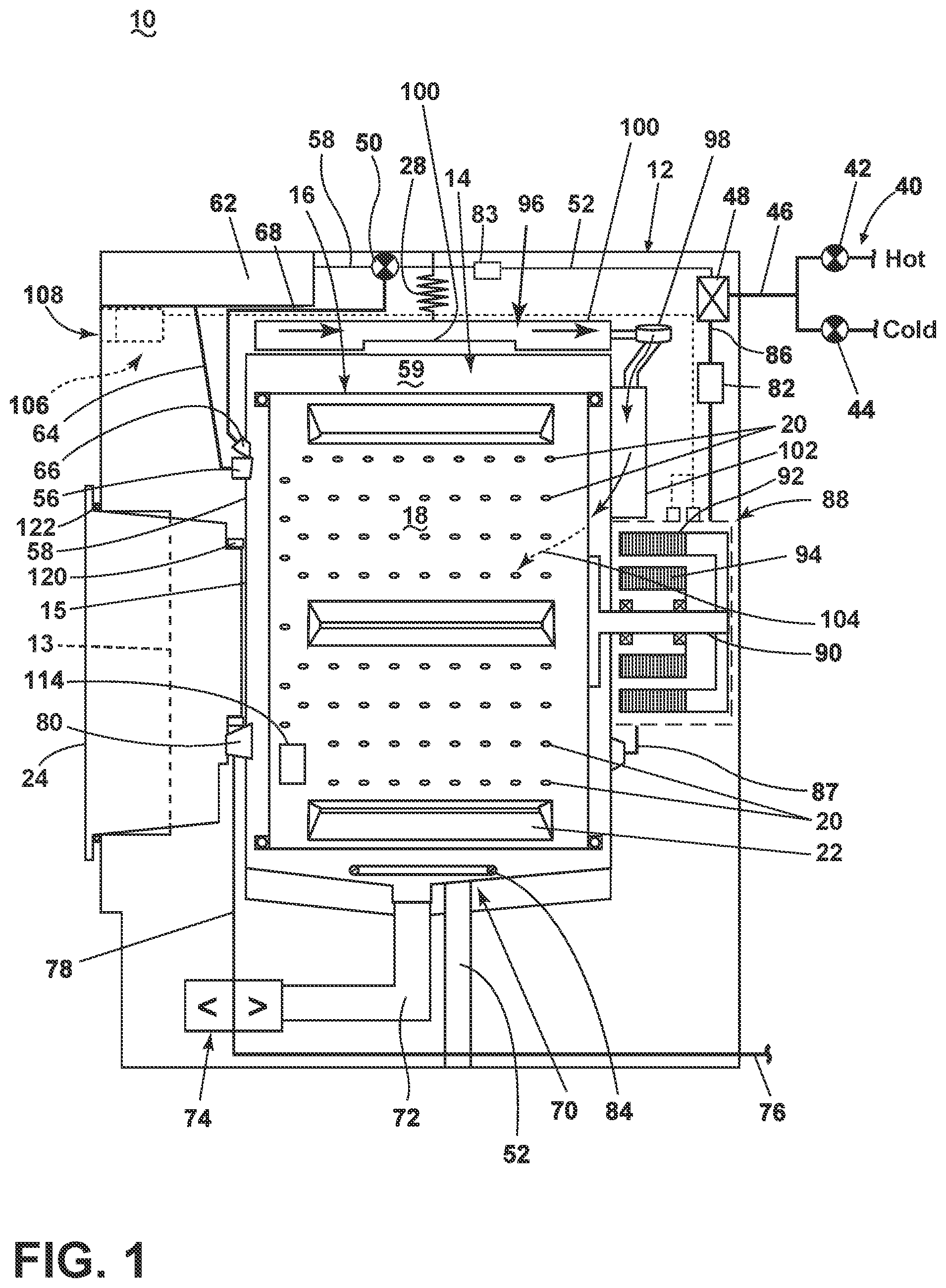 Patent US12157965 Figure 1 – Combination washer/dryer with a double-seal closure arrangement