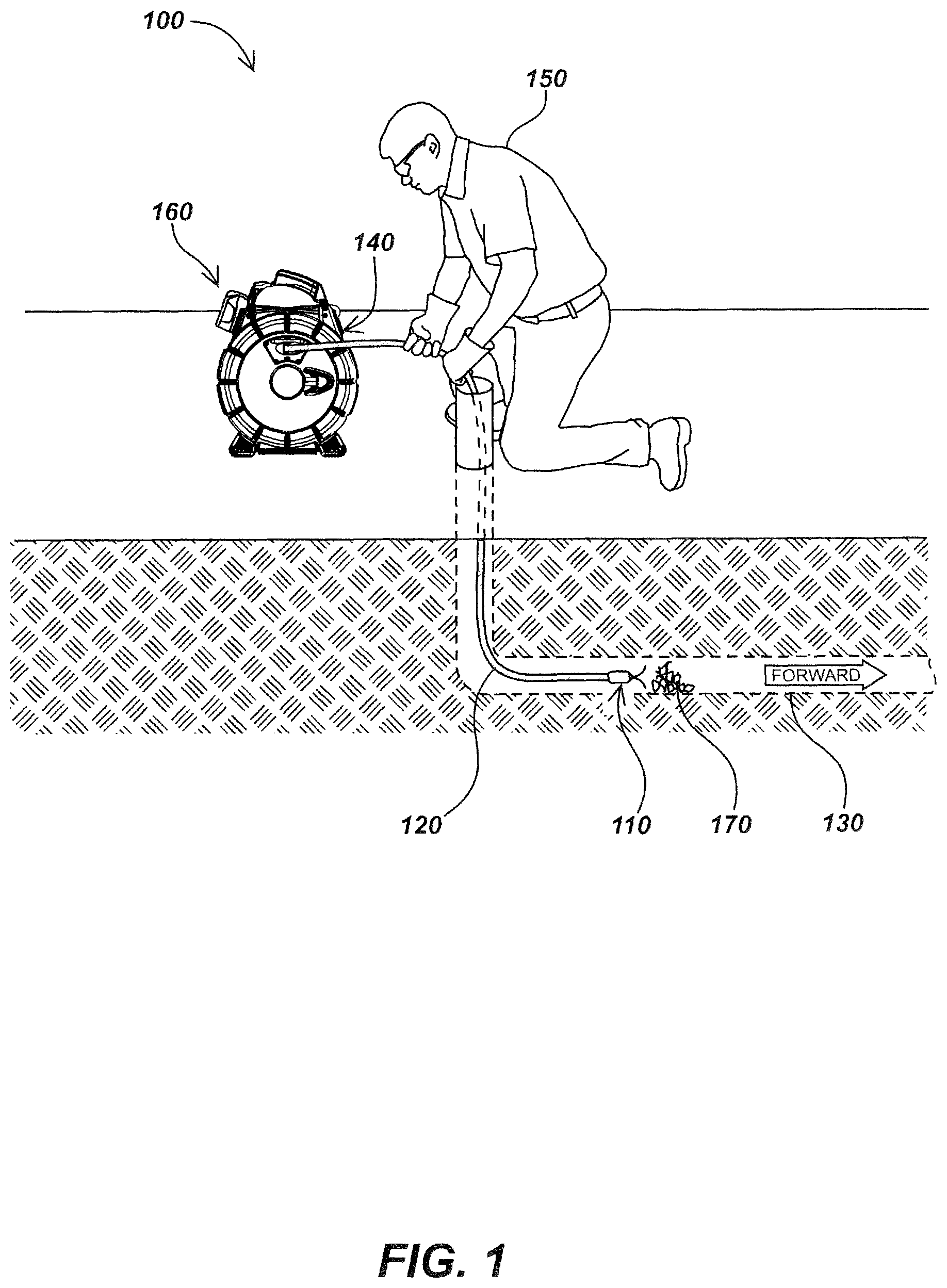 Patent US12157995 Figure 1 – High frequency AC-powered drain cleaning and inspection apparatus and methods
