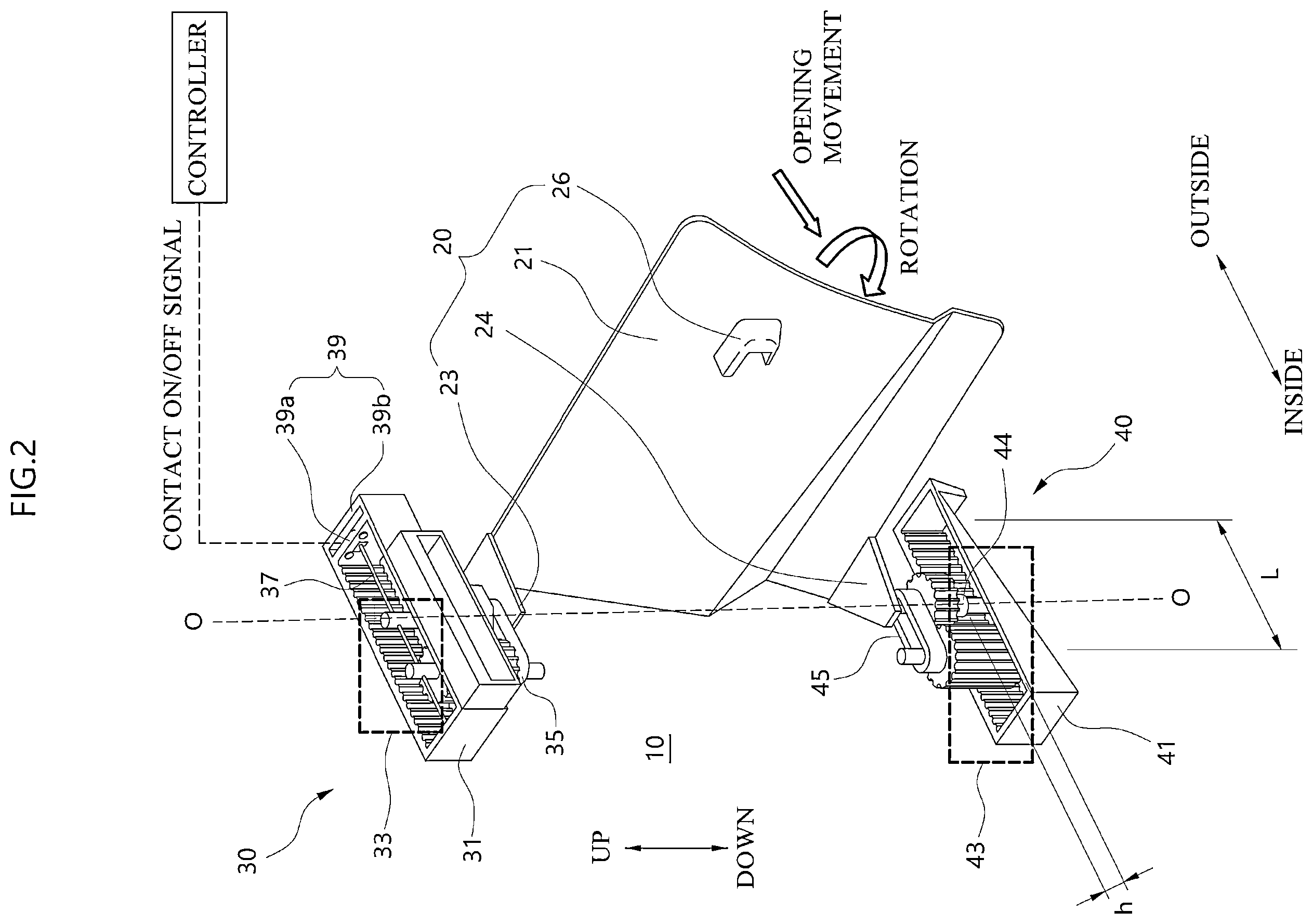 Patent US12158033 Figure 2 – Charging flap opening/closing device and vehicle including the same