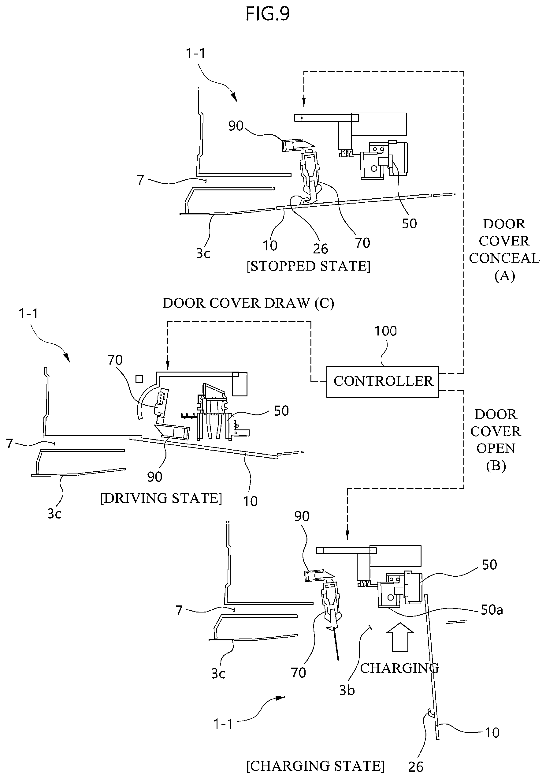Patent US12158033 Figure 9 – Charging flap opening/closing device and vehicle including the same