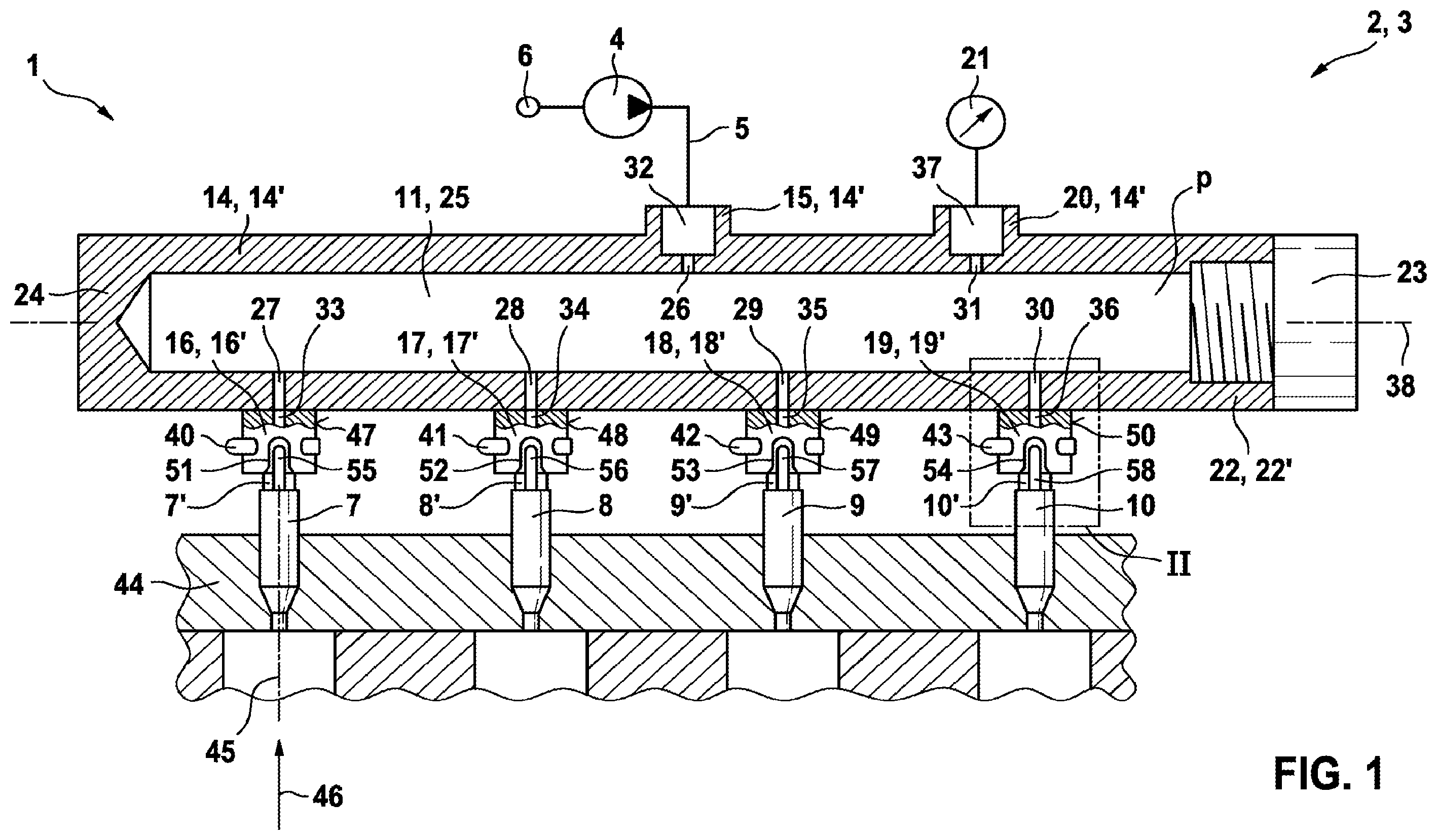 Patent US12158129 Figure 1 – Fuel distributor rail for an injection system and injection system for mixture-compressing, spark ignition internal combustion engines