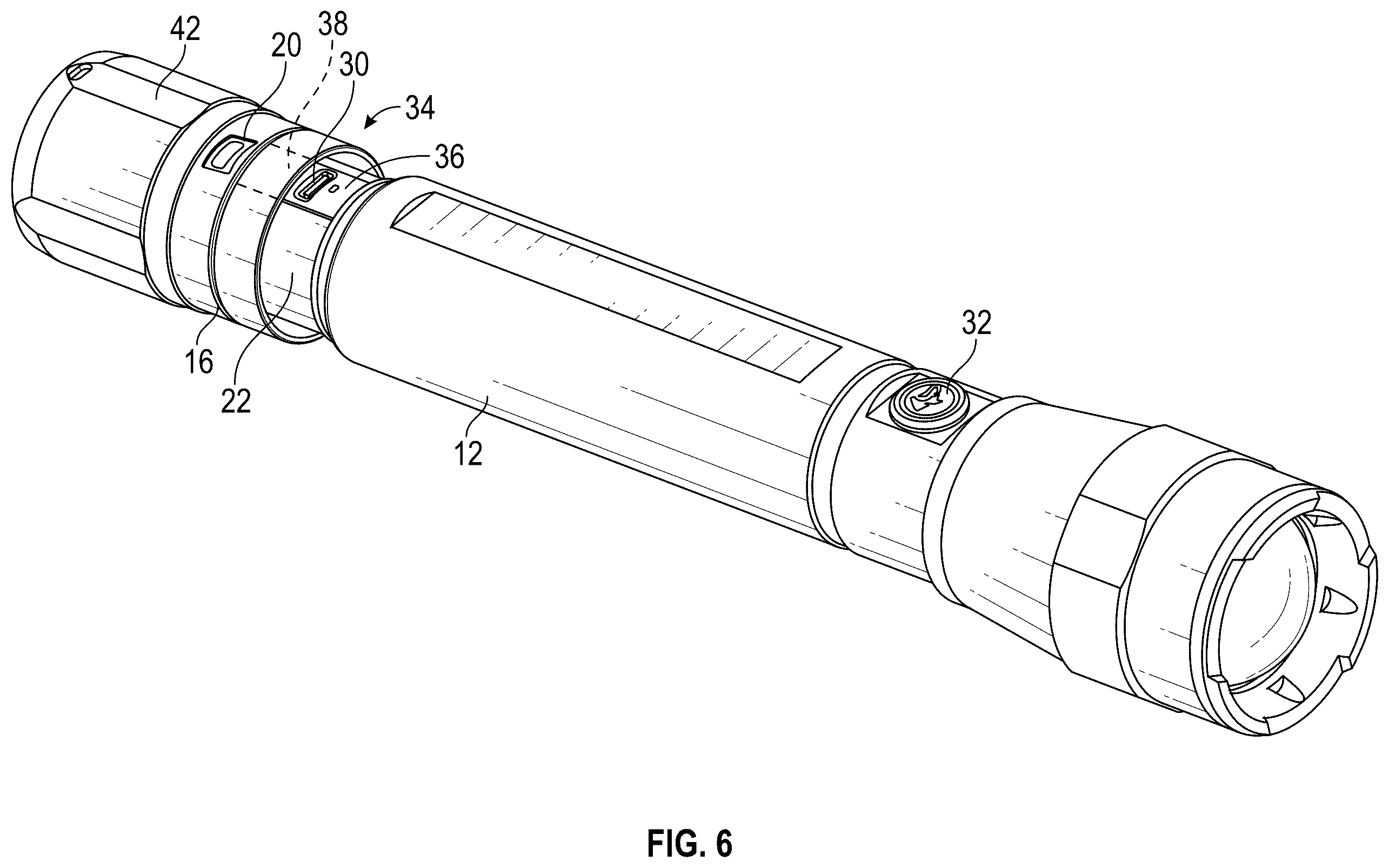 Patent US12158249 Figure 6 – Flashlight with rechargeable battery assembly