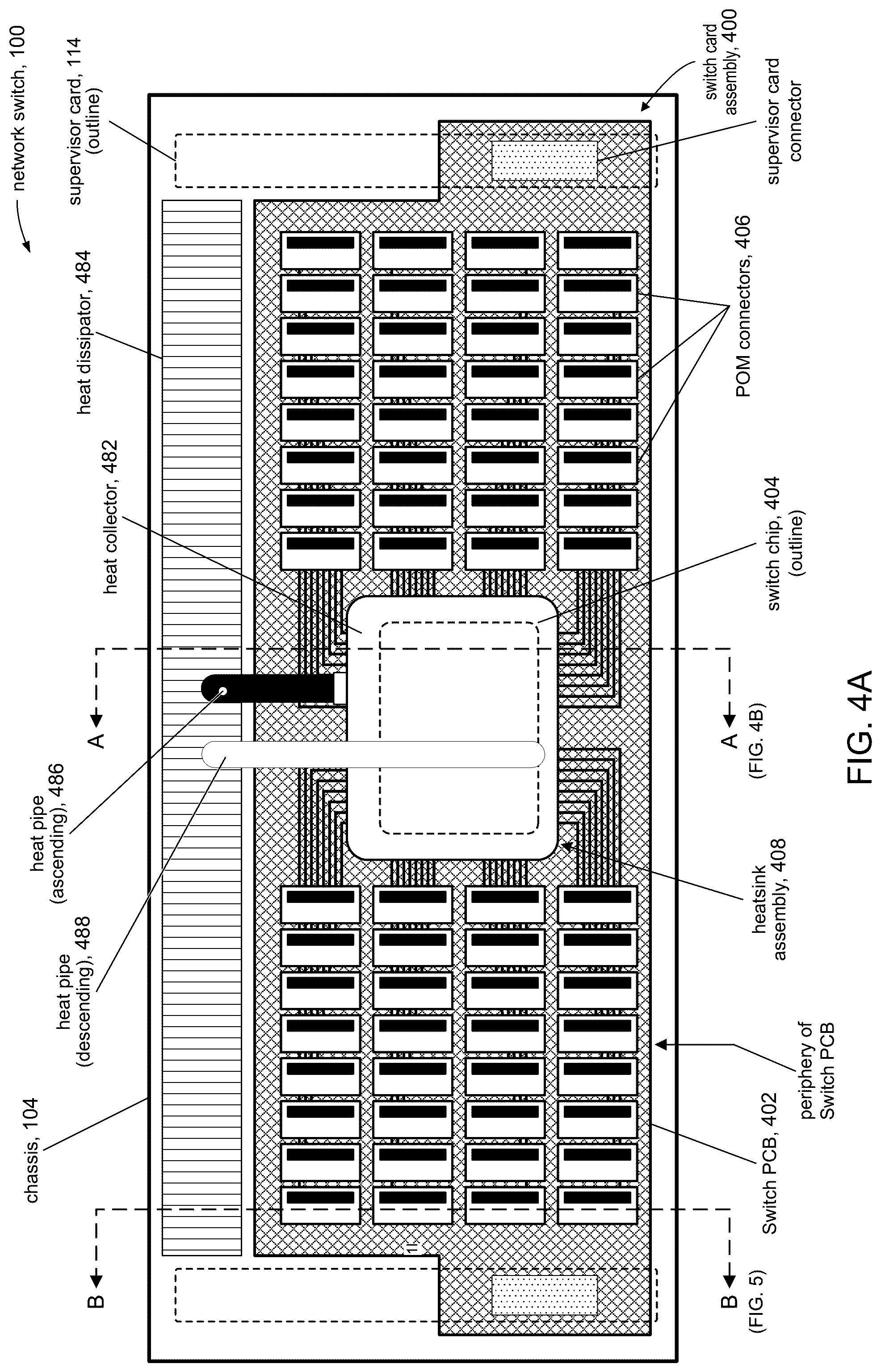 Patent US12158627 Figure 4 – High speed network device with orthogonal pluggable optics modules