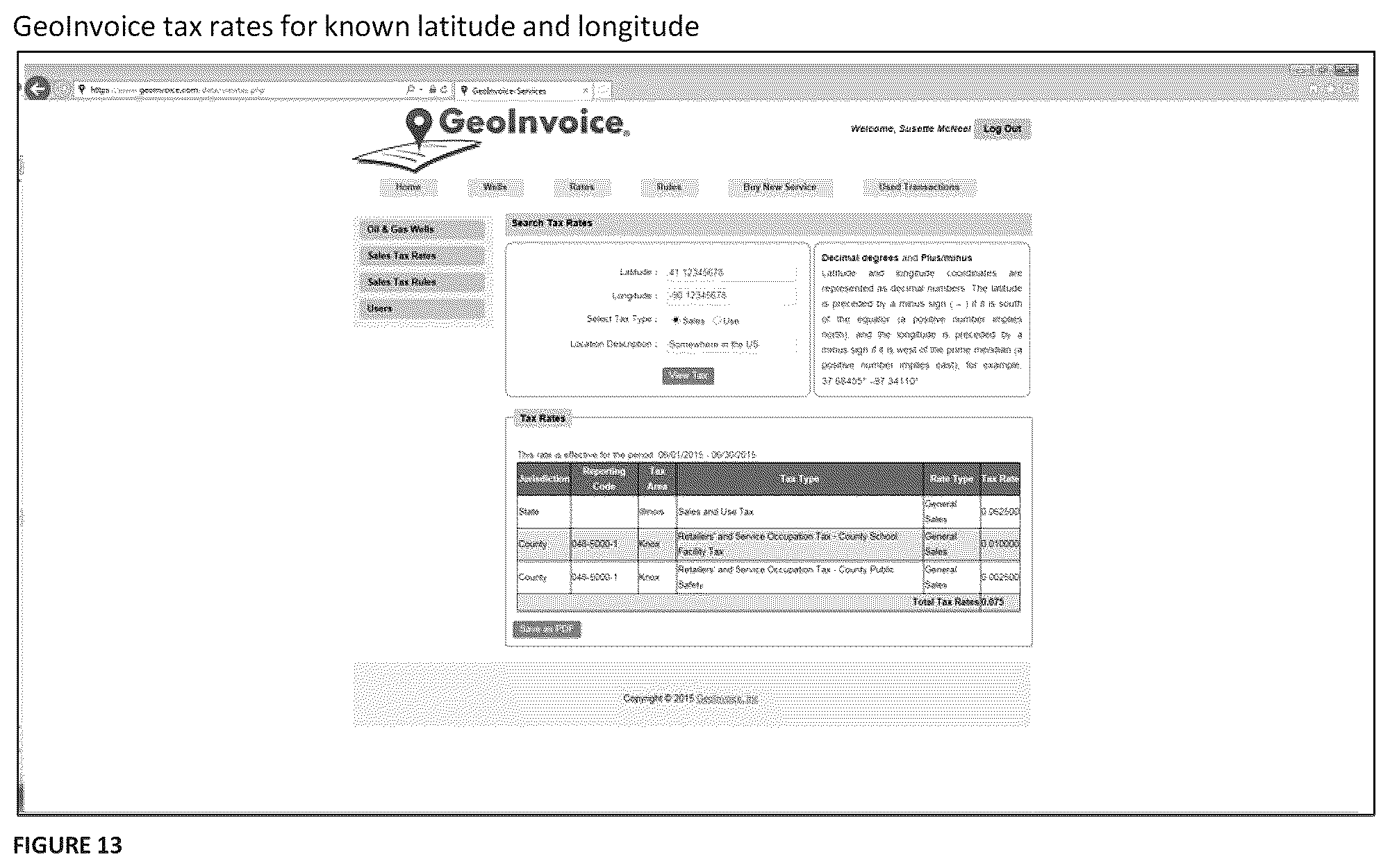 Patent US12165121 Figure 13 – Location based system and method for calculating sales and use tax