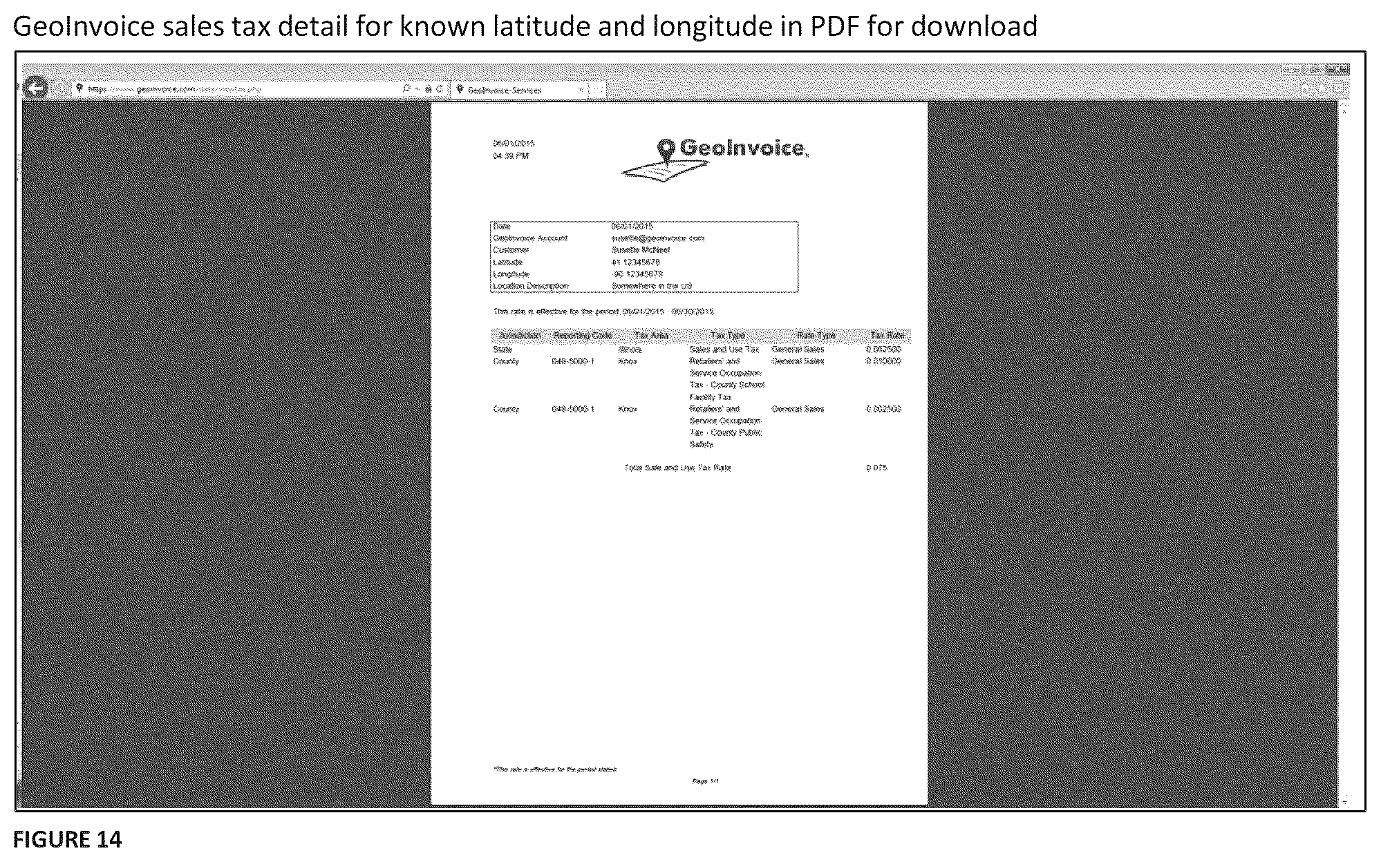 Patent US12165121 Figure 14 – Location based system and method for calculating sales and use tax