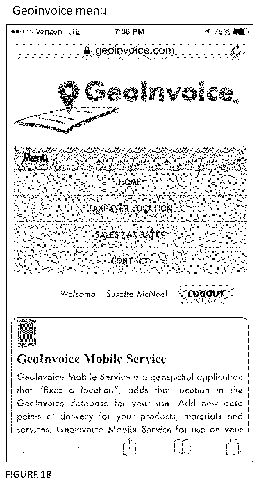 Patent US12165121 Figure 18 – Location based system and method for calculating sales and use tax