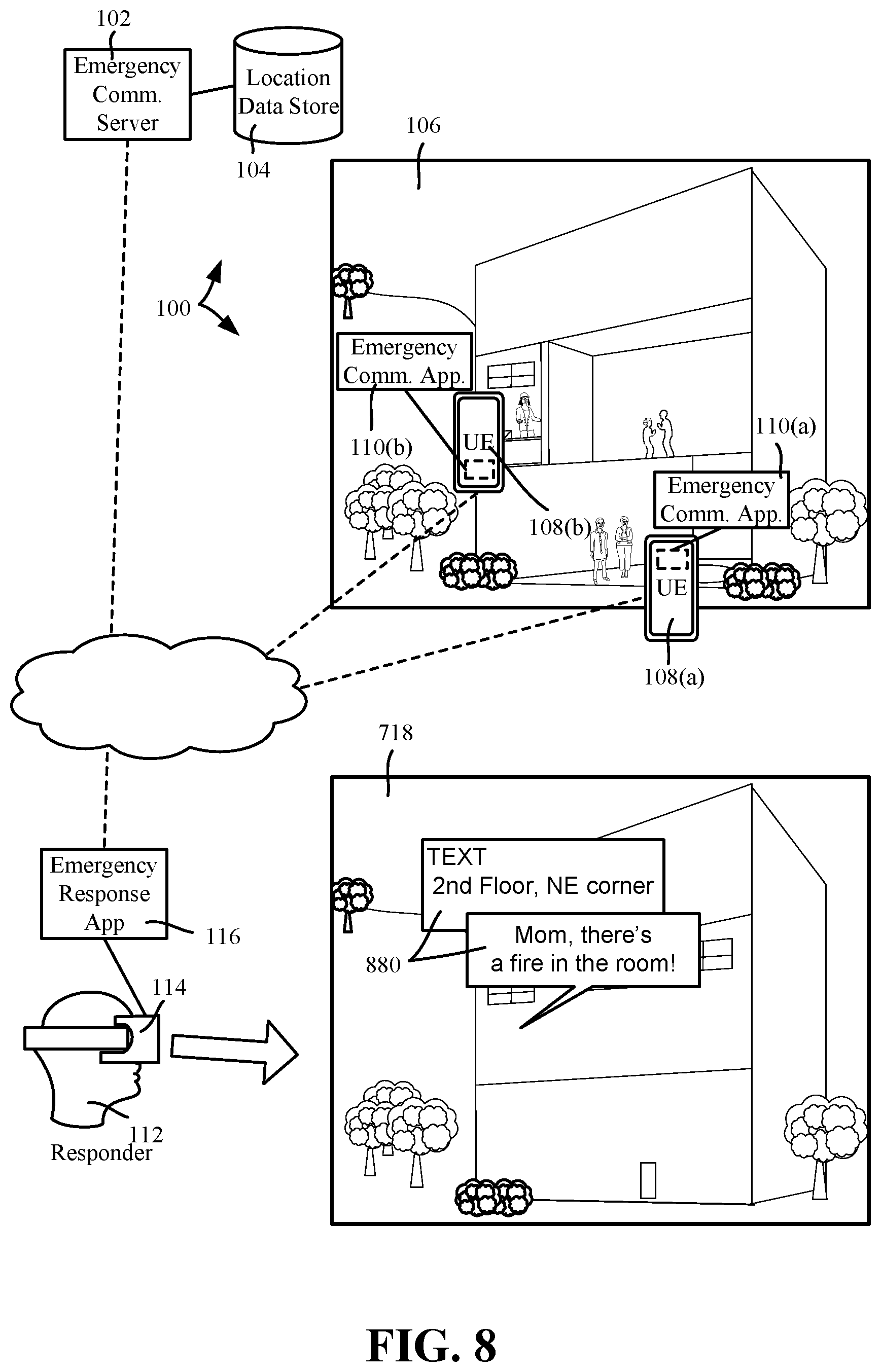 Patent US12165238 Figure 8 – Emergency ad hoc device communication monitoring