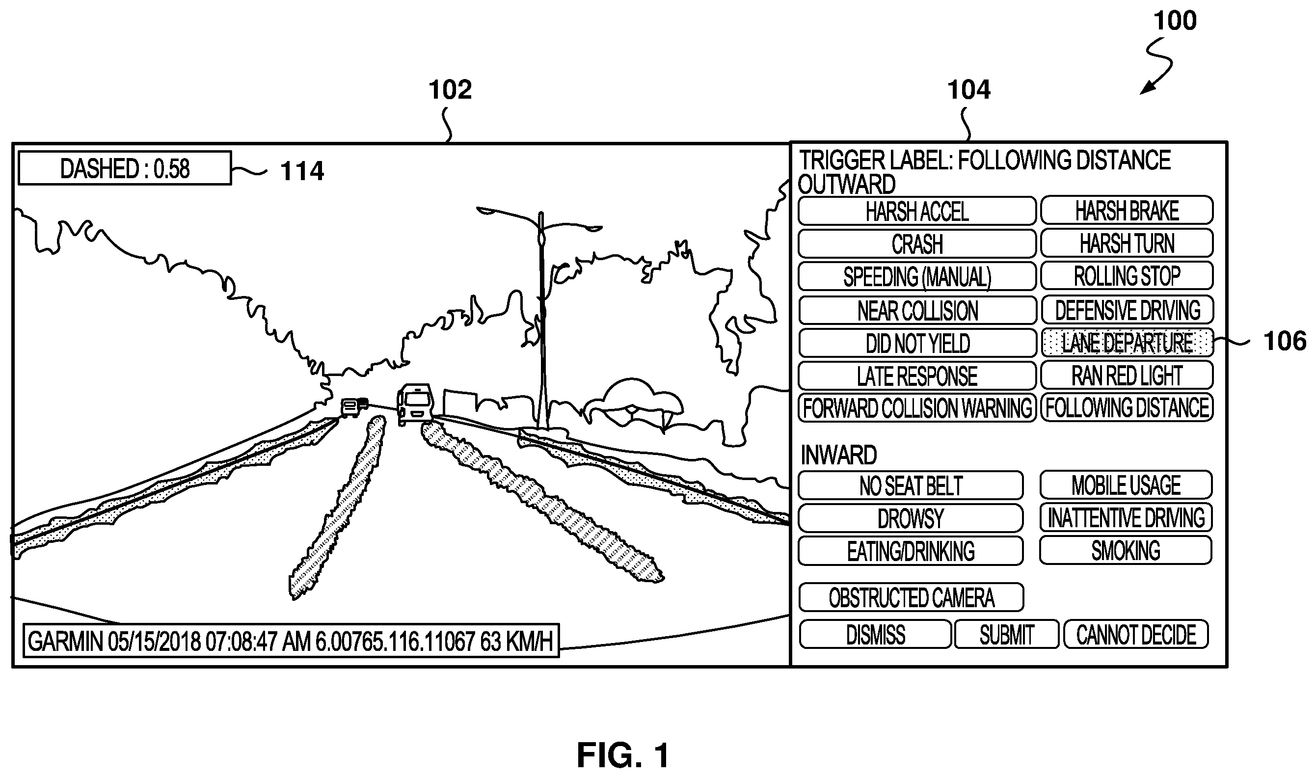 Patent US12165393 Figure 1 – Lane departure monitoring