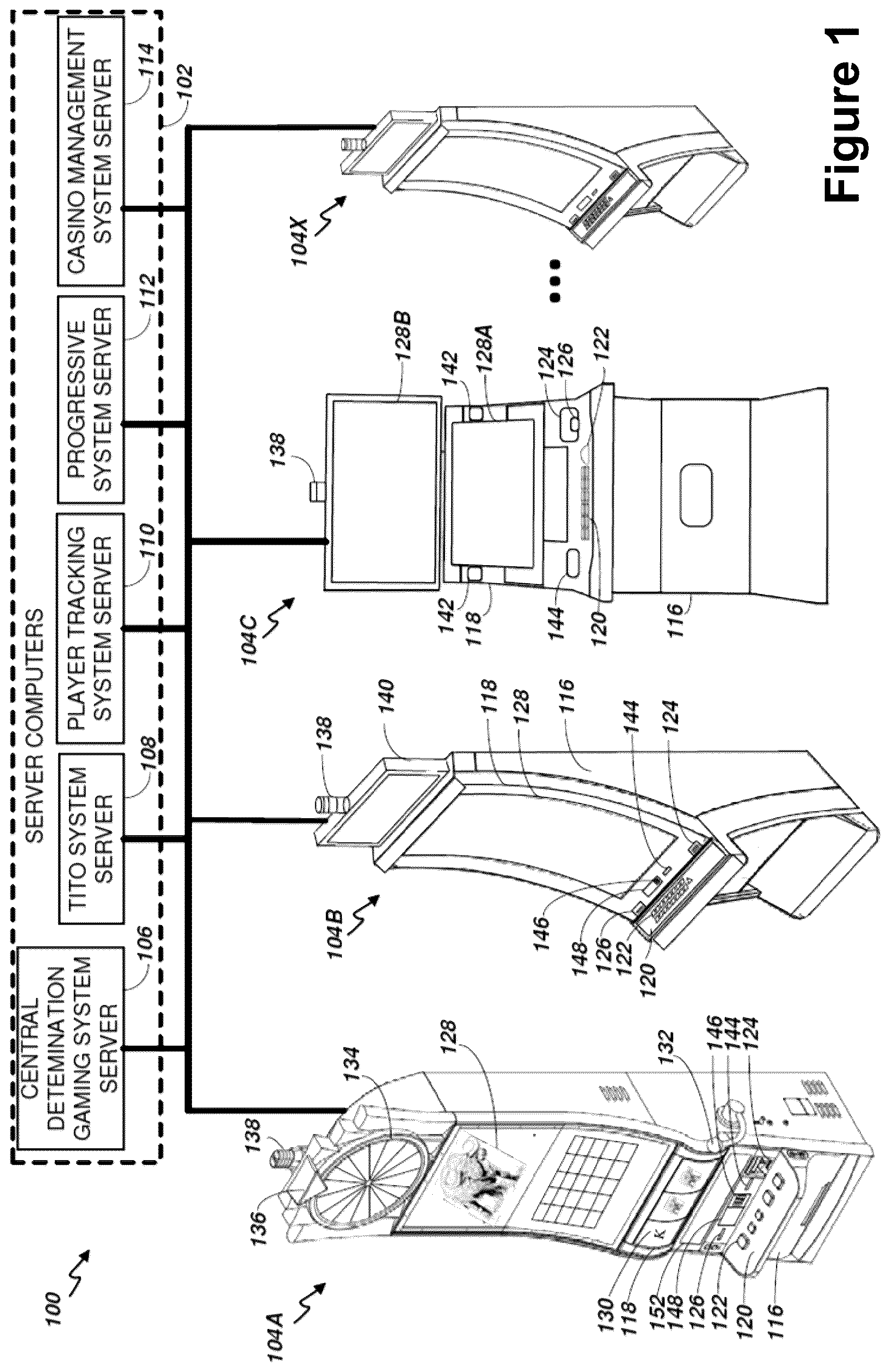 Patent US12165464 Figure 1 – Gaming device with a user interface incorporating a feature indicator