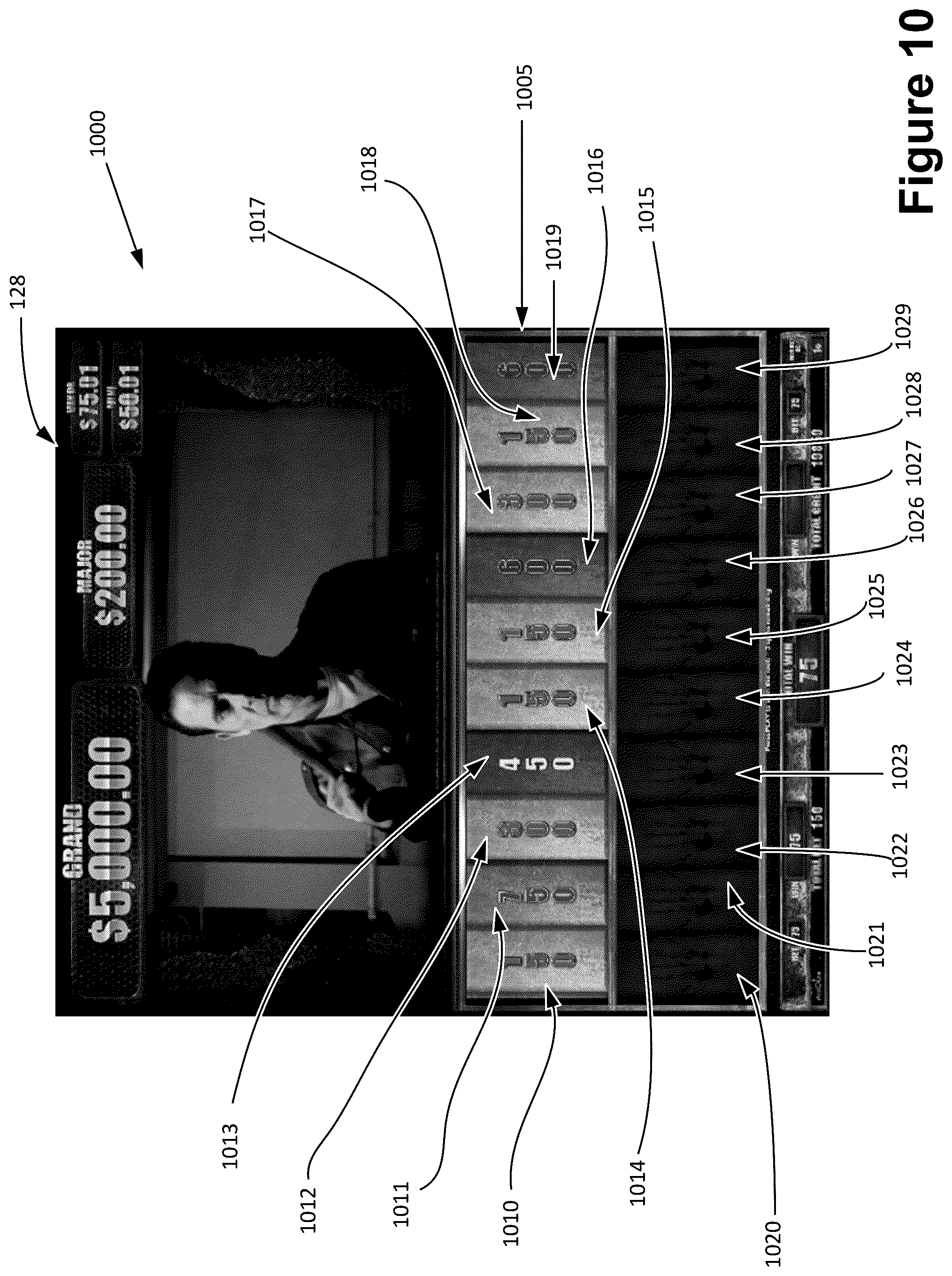 Patent US12165464 Figure 14 – Gaming device with a user interface incorporating a feature indicator