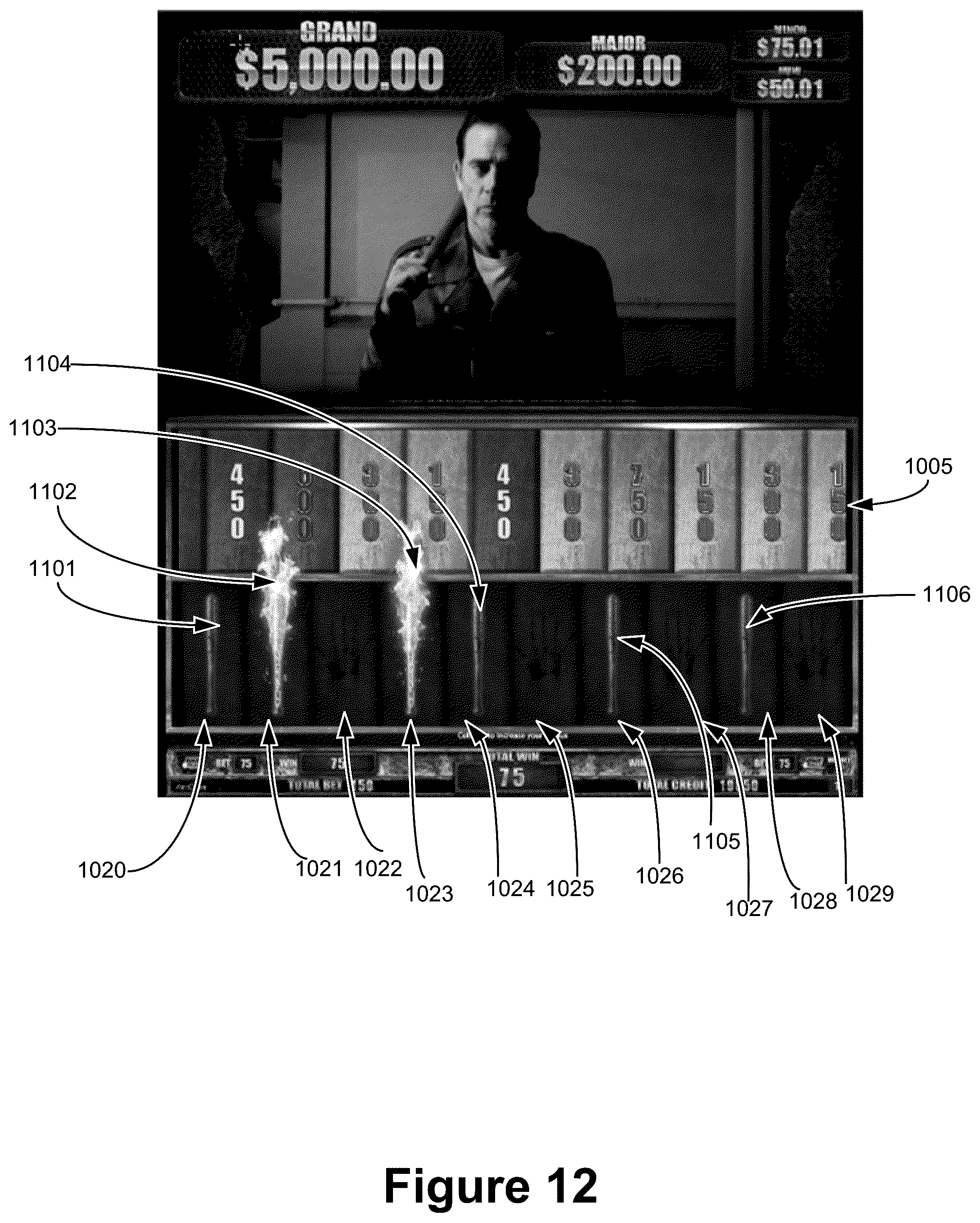 Patent US12165464 Figure 16 – Gaming device with a user interface incorporating a feature indicator